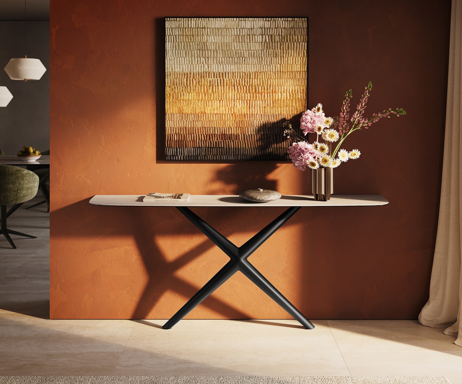 Consoletafel Edge Bootvorm 180x40 cm Keramiek Laminam® Travertino Bianco Creme-Weiß Estelo Metaal Zwart 1