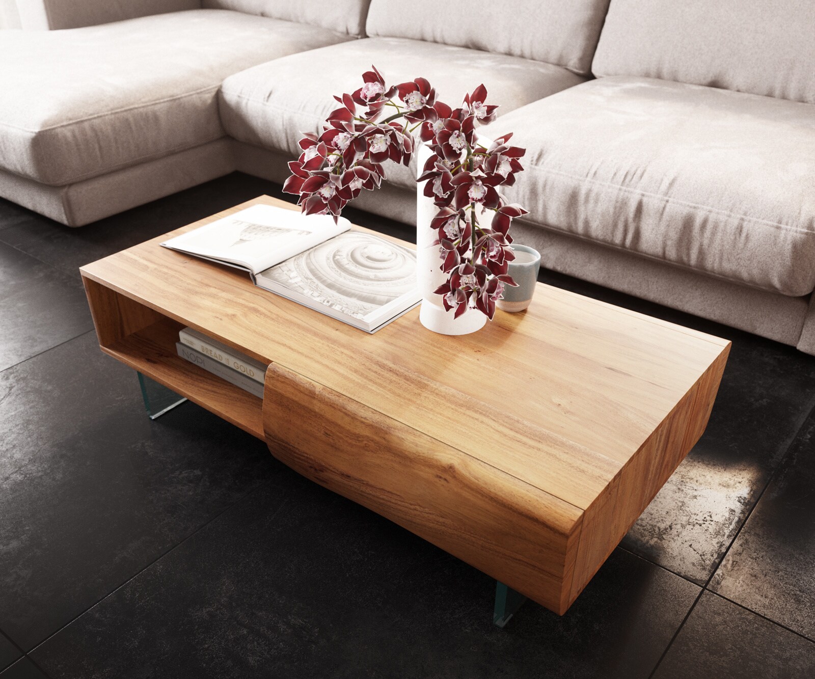 Salontafel New Live-Edge 115x60 cm acacia natuur 2 laden 1 legplank glaspoot zwevend 3