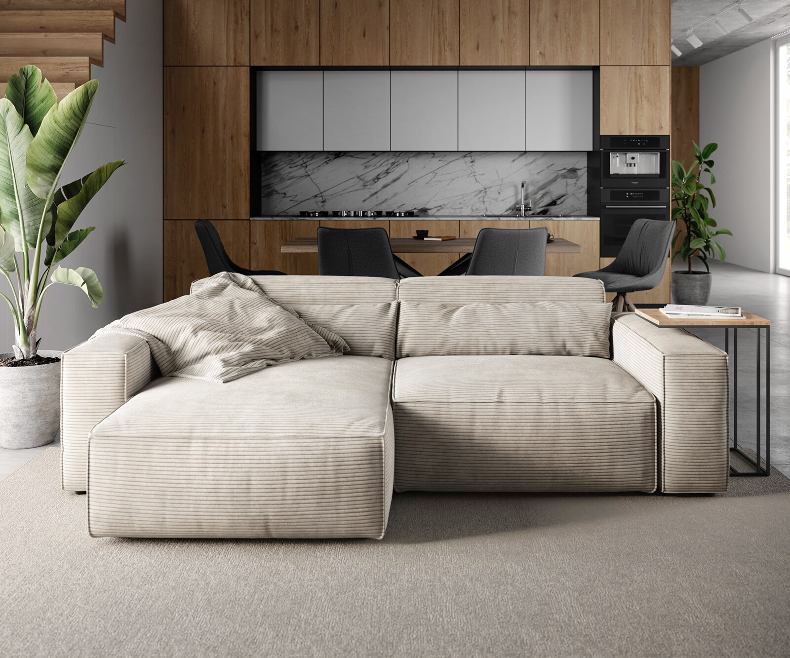 Hoekbank Sirpio 230x150 cm koord beige recamiere variabele 1