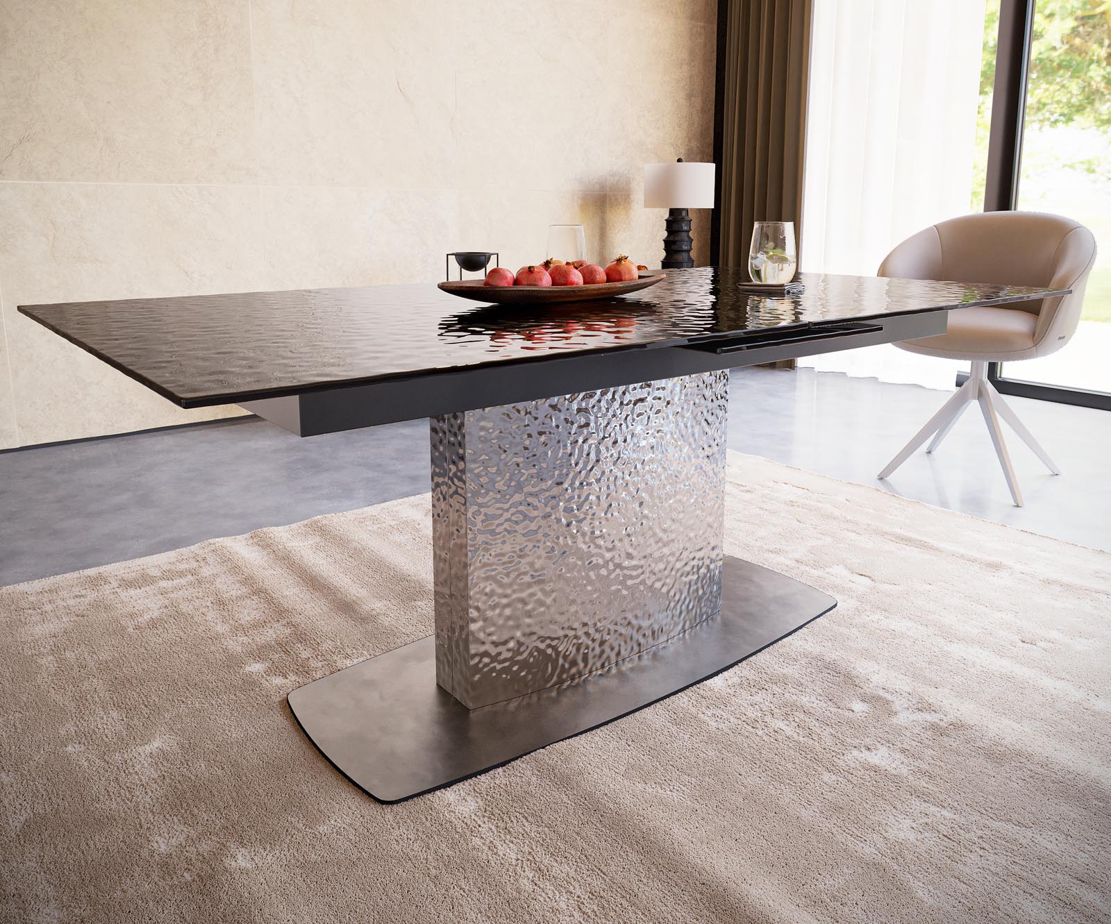 Eetkamertafel Edge 180-220x100 Glas smelten rokerig zwart 3D-Relief Wave RVS uitschuifbaar 4 Eetkamertafel Edge 180-220x100 Glas smelten rokerig zwart 3D-Relief Wave RVS uitschuifbaar 4