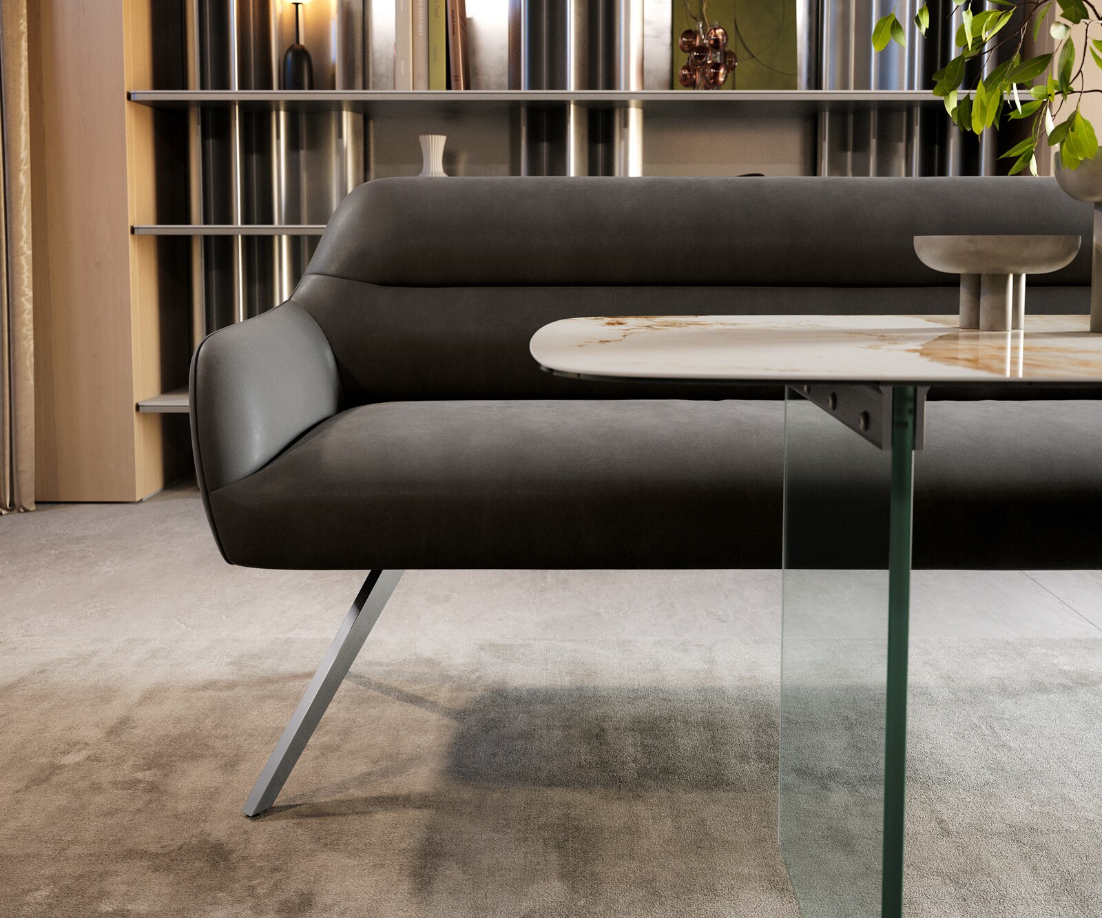 Eetkamerbank Taya-Flex 200 cm microvelours anthraciet vintage hoekig kruisframe roestvrij staal pocketvering 1