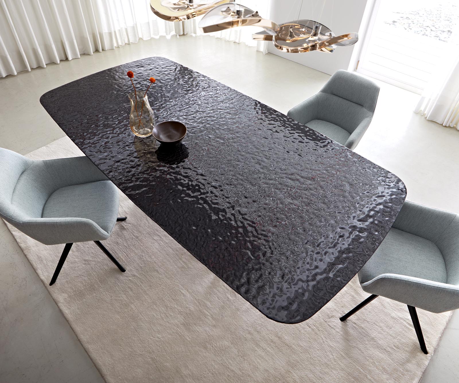 Eettafel Edge Boot 240x120 Reliëf glas Rook zwart 3D design Infinity metaal zwart 3