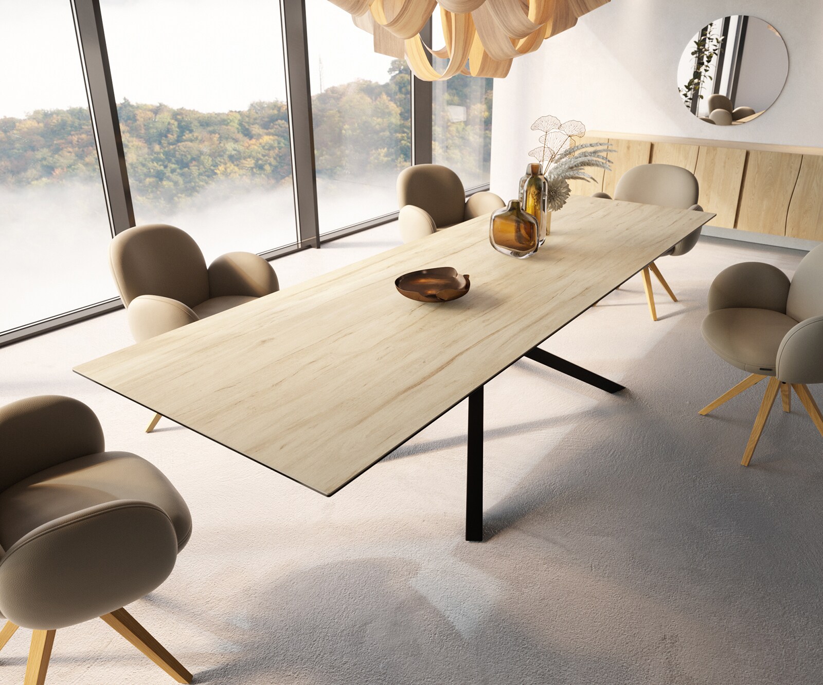 Eetkamertafel Edge 300x100 keramiek Laminam® Sabbia eiken kleur kruisframe rechthoek zwart 3