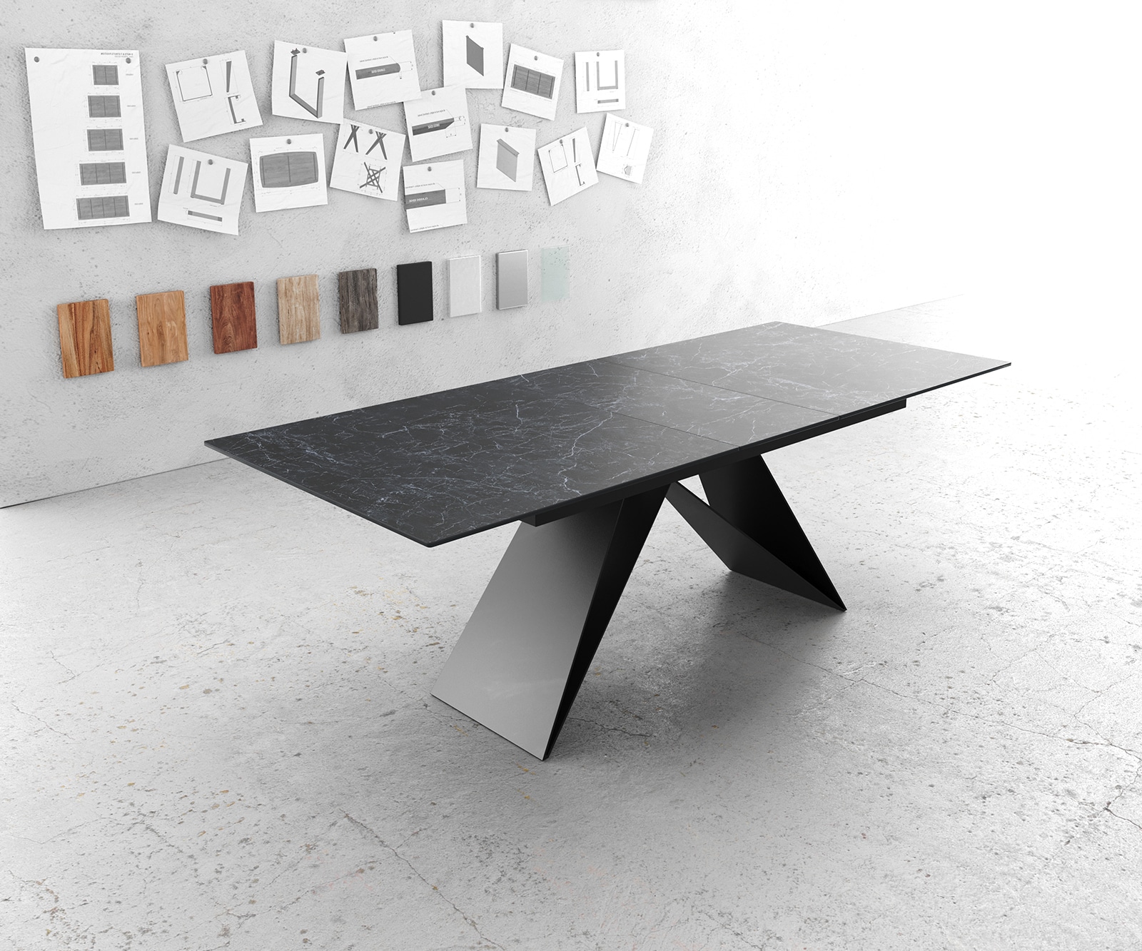 Eettafel Edge 180-220x90cm Laminam® keramiek grijs V-middenpoot zwart Eettafel Edge 180-220x90cm Laminam® keramiek grijs V-middenpoot zwart