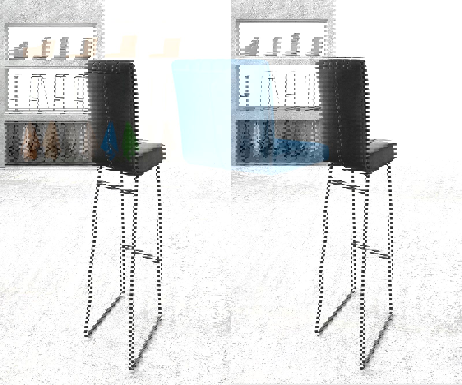 Barstoel Luiga-Flex fluweel blauw slipframe metaal 2 Barstoel Luiga-Flex fluweel blauw slipframe metaal 2