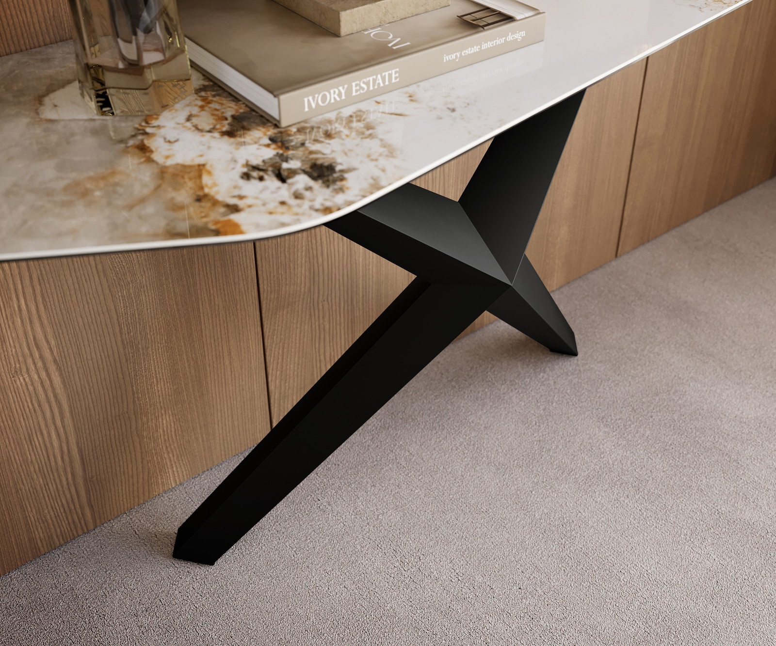 Consoletafel Edge Polygonaal 180x50 cm Keramiek Minas Melange Weiß-Beige Zentharo Metaal Zwart 6
