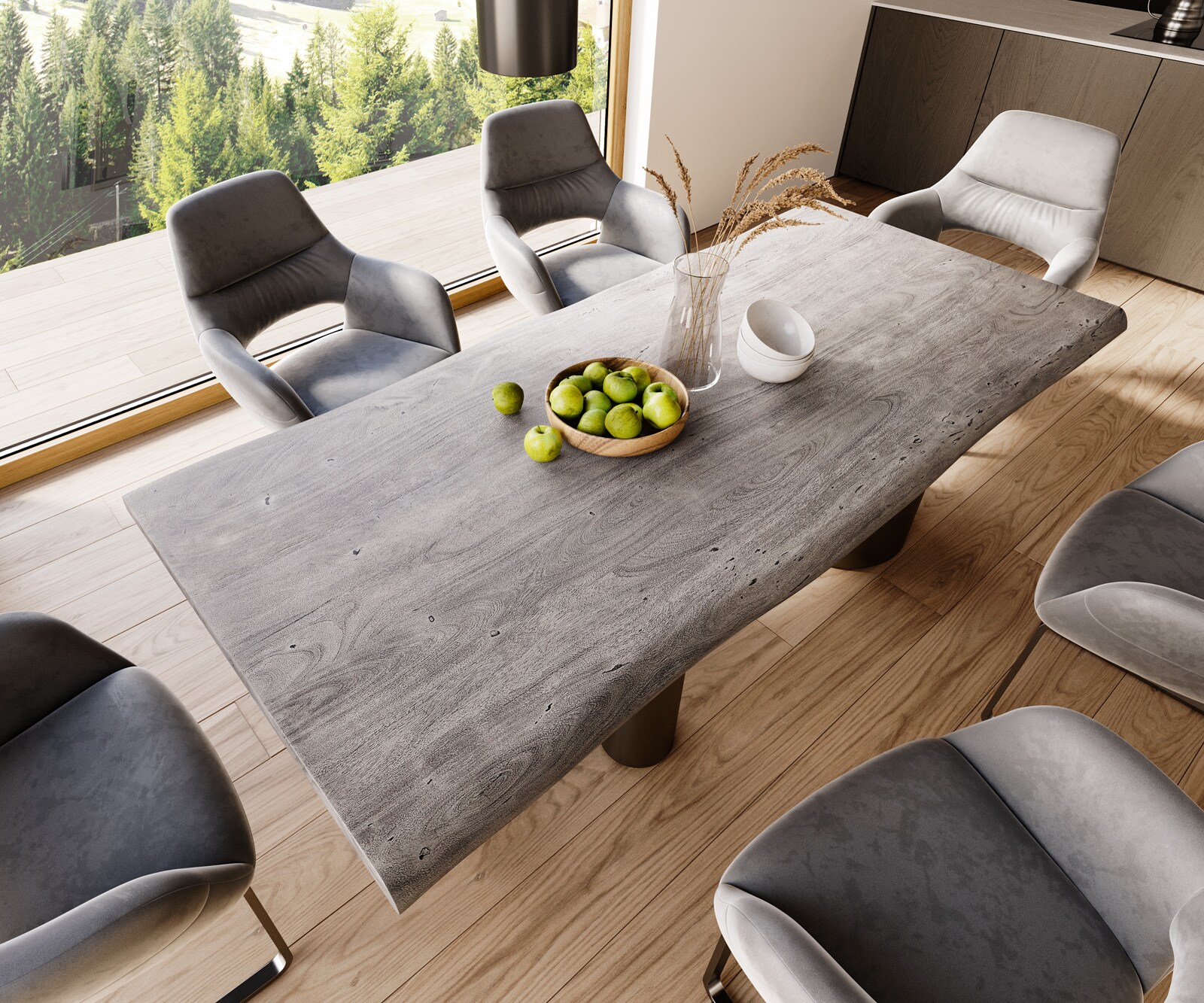 Eetkamertafel Edge 220x100 XL acacia platina Troa roestvrij staal grafiet Live-Edge 4