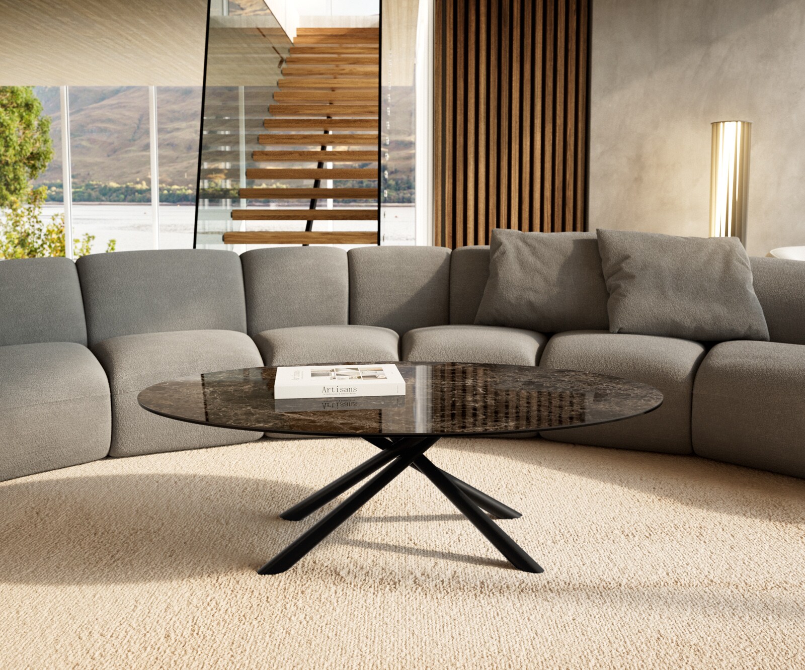 Salontafel Edge Oval 140x80 cm keramiek Laminam® Emperador Extra Lucidato donkerbruin Sarity zwart metaal 1