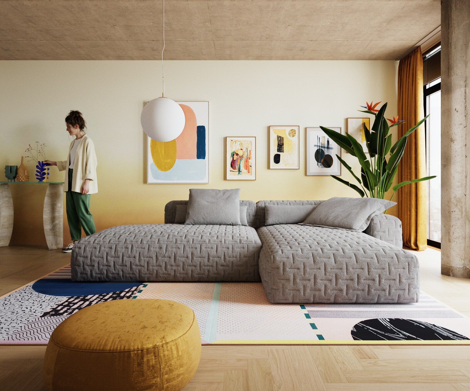 Hoekbank Freestyle 310x200 cm Zachte stof met structuur Grijs gestikt 1