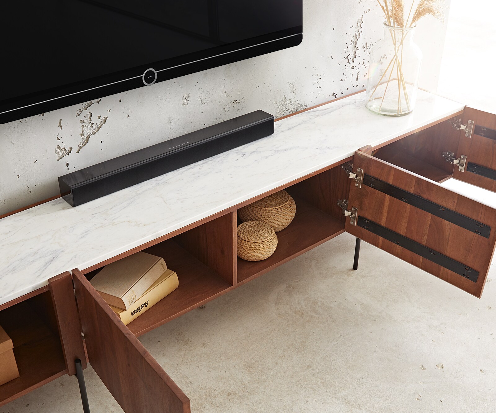 TV-meubel Secara 200 cm acacia bruin 4 deuren marmeren poten zwart 4 TV-meubel Secara 200 cm acacia bruin 4 deuren marmeren poten zwart 4