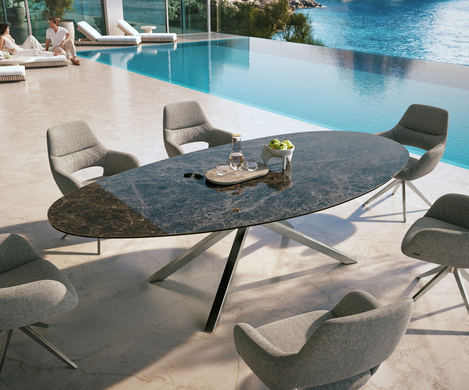 Outdoortafel Edge Ovaal 280x130 cm Keramiek Emperador Extra Lucidato Donkerbruin Kruisonderstel rechthoekig Roestvrij staal