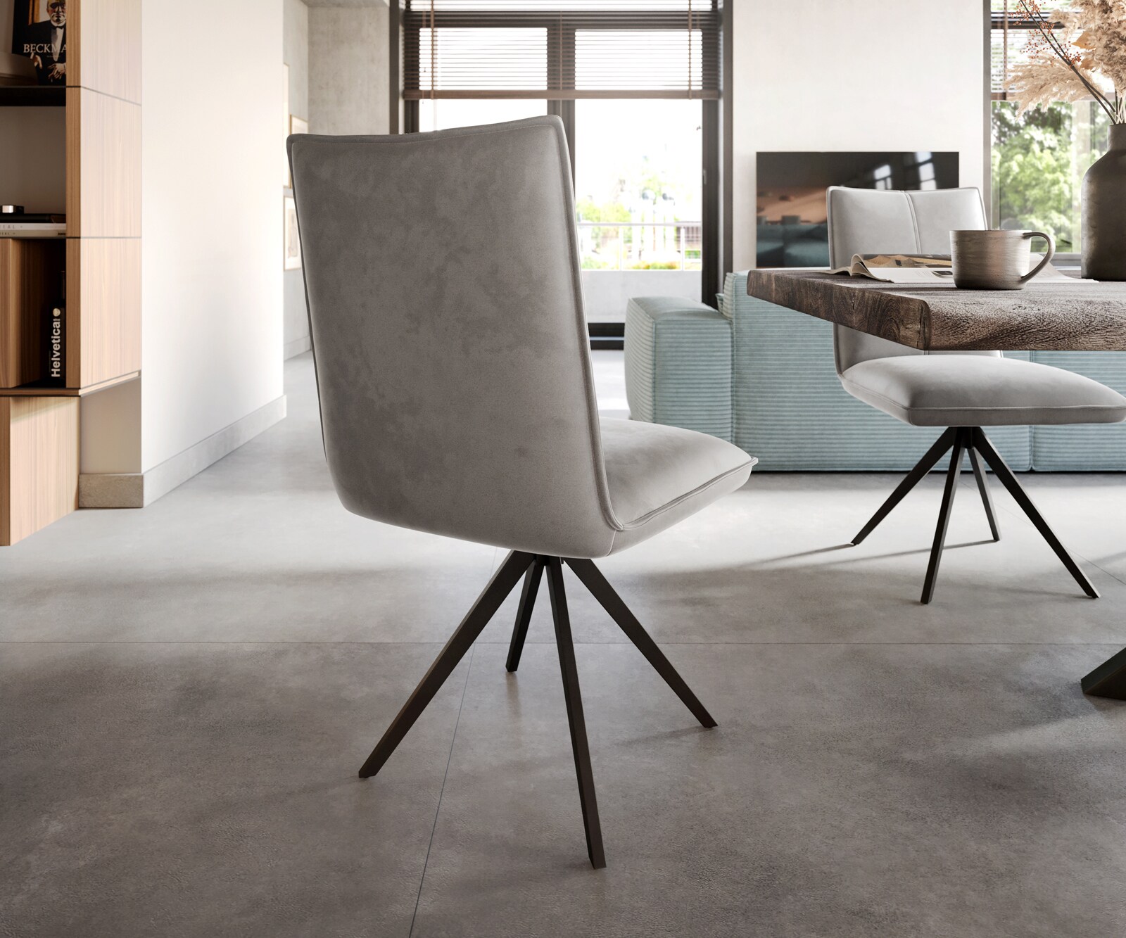 Eetkamerstoel Lelio-Flex fluweel grijs kruisframe breed zwart pocketveer kern 5