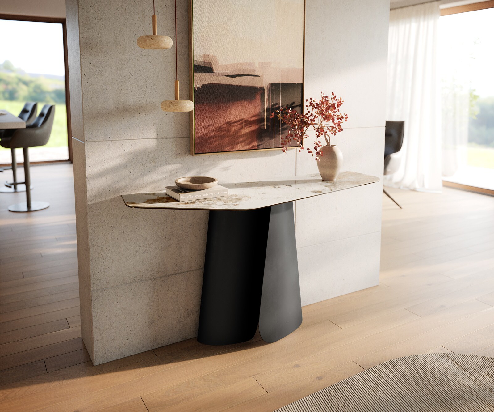 Consoletafel Edge Polygonaal 140x50 cm Keramiek Minas Melange Weiß-Beige Livos Metaal Zwart 1