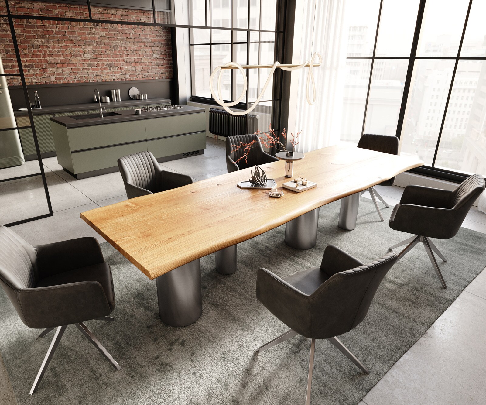 Eettafel Edge 300x100x4 eiken natuur Pilier RVS geborsteld Live-Edge 4