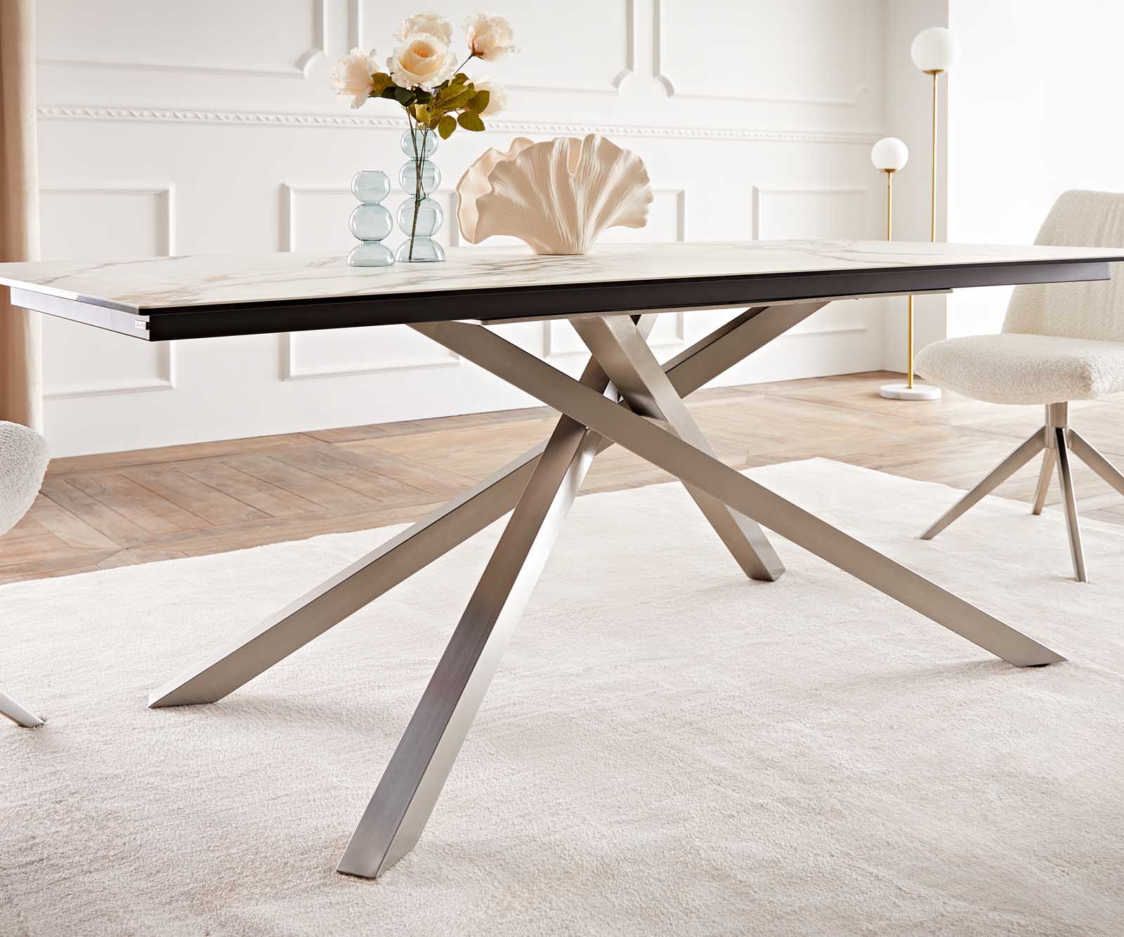 Eetkamertafel Edge 200x100 keramiek Calacatta Luxe wit-goud-grijs kruisframe rechthoek RVS 6