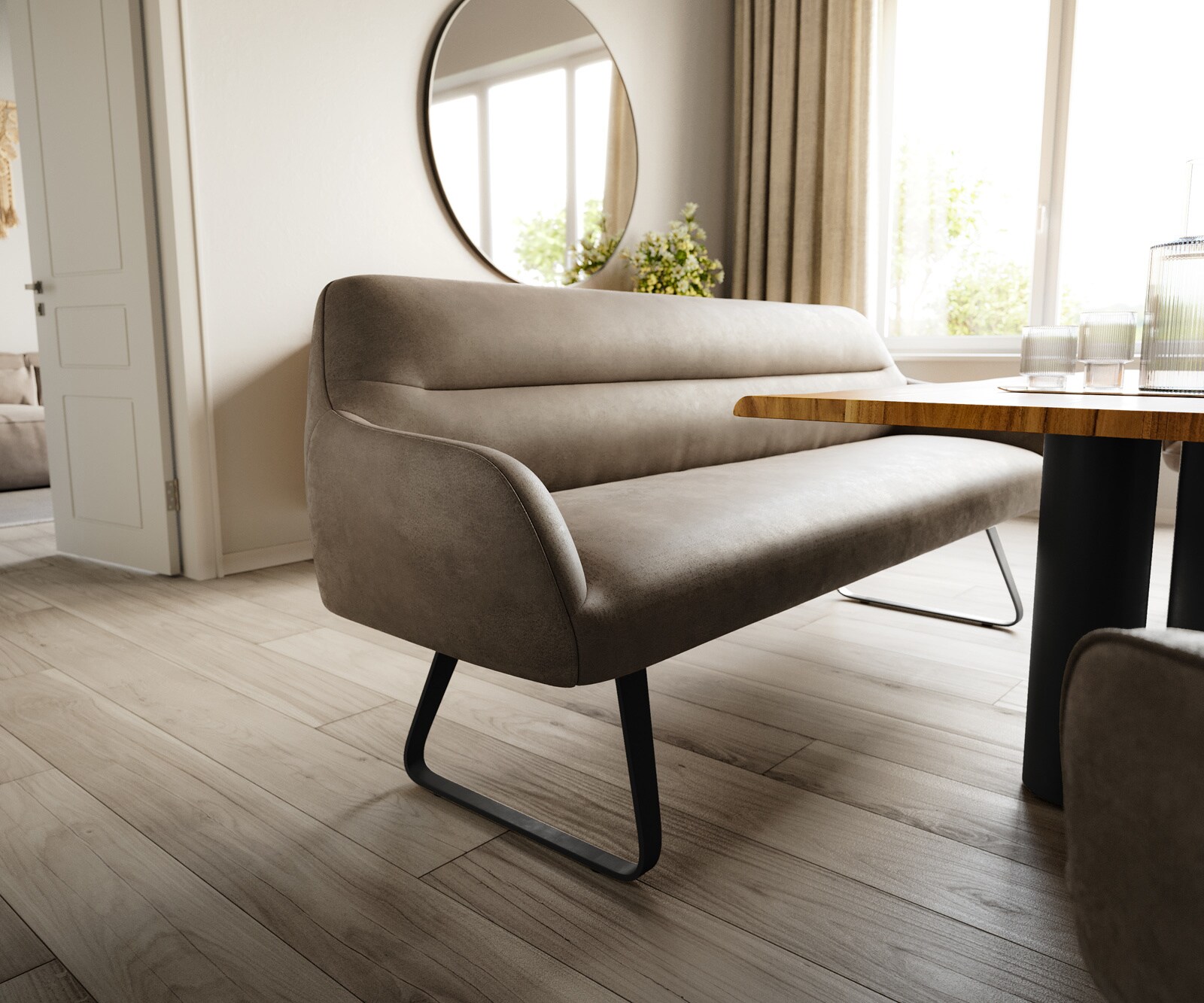 Eetkamerbank Taya-Flex 200 cm microvelours taupe vintage platte sledebasis zwart pocketvering 4