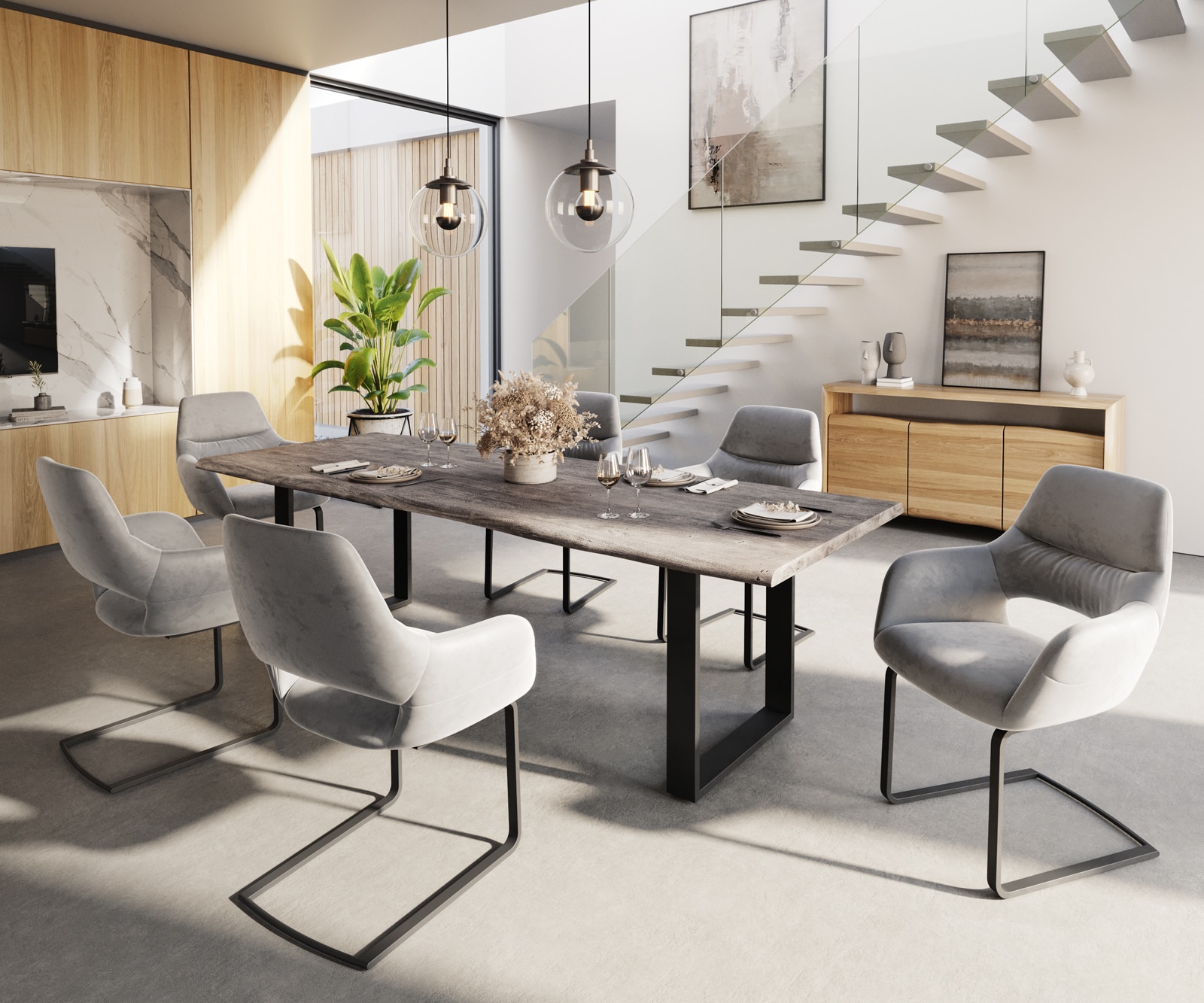 Eettafel Edge 260x100 acacia platina skidframe zwart Live-Edge 5 Eettafel Edge 260x100 acacia platina skidframe zwart Live-Edge 5