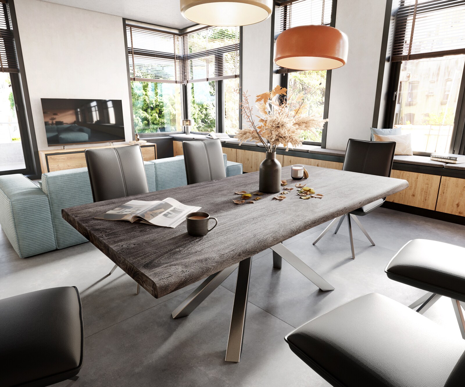 Eettafel Edge 200x100 XL acacia platina Kreuzframe rechthoek edelstaal Live-Edge Eettafel Edge 200x100 XL acacia platina Kreuzframe rechthoek edelstaal Live-Edge