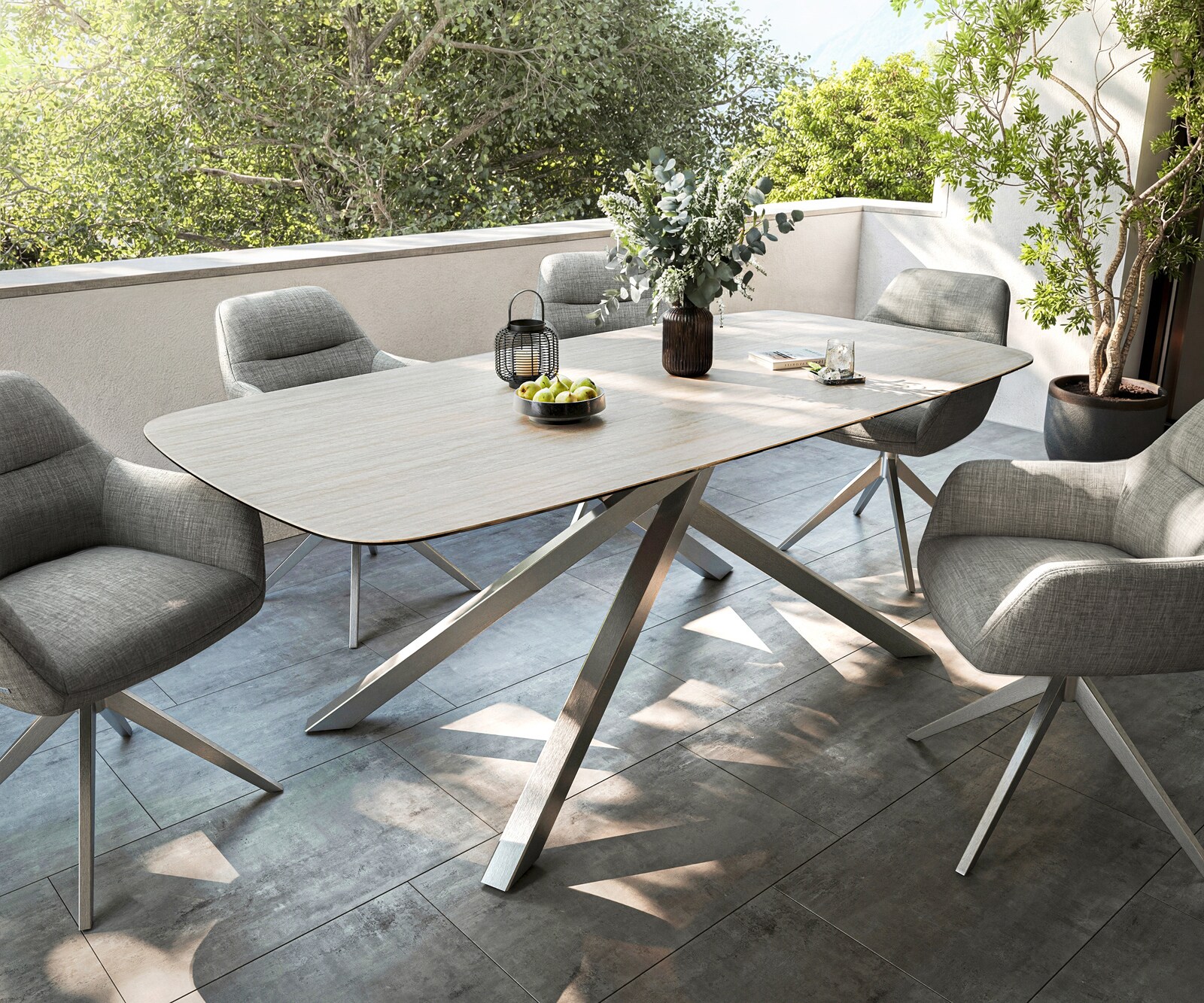 Outdoortafel Edge Boot 200x100 cm keramiek Laminam® Travertino Bianco crème-wit kruispoot rechthoekig roestvrij staal