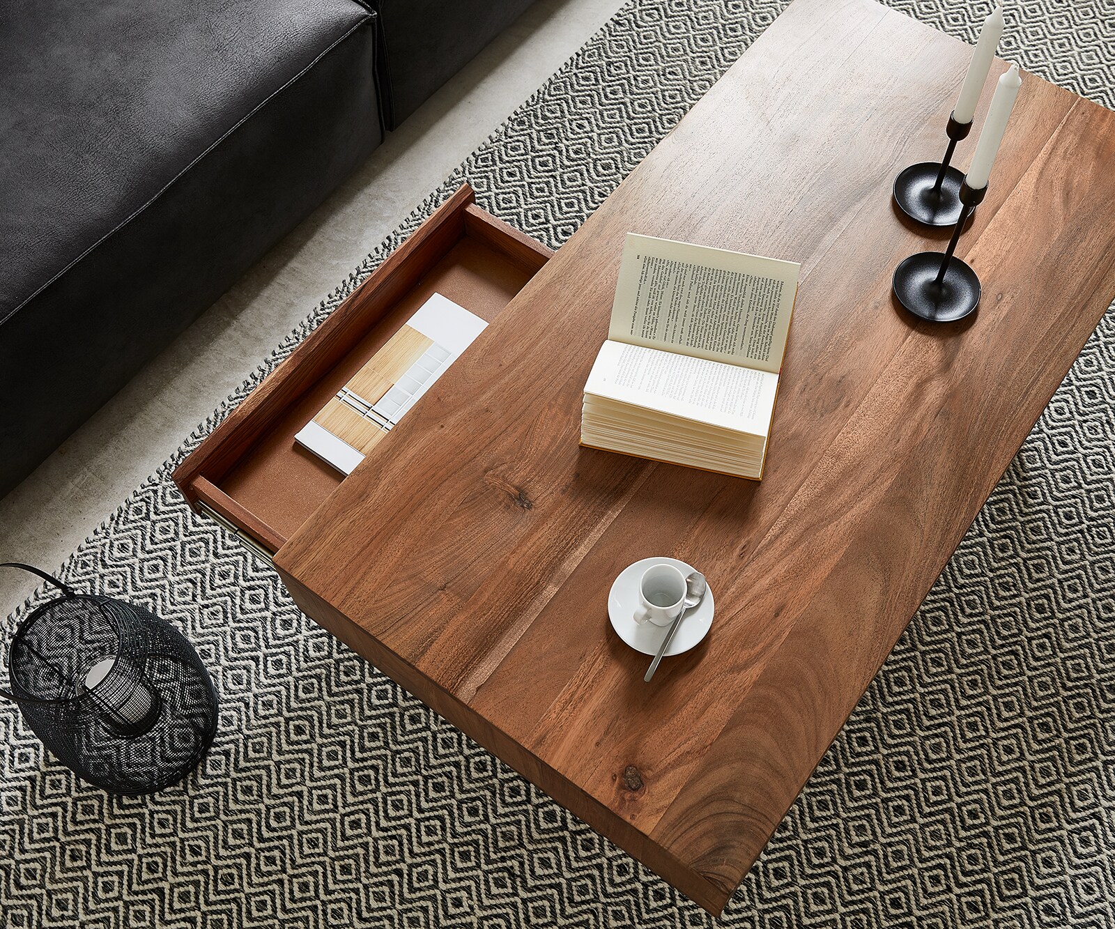 Salontafel Stonegrace 115x60 cm acacia bruin Leisteen 2 laden 1 legplank V-poot zwart 3