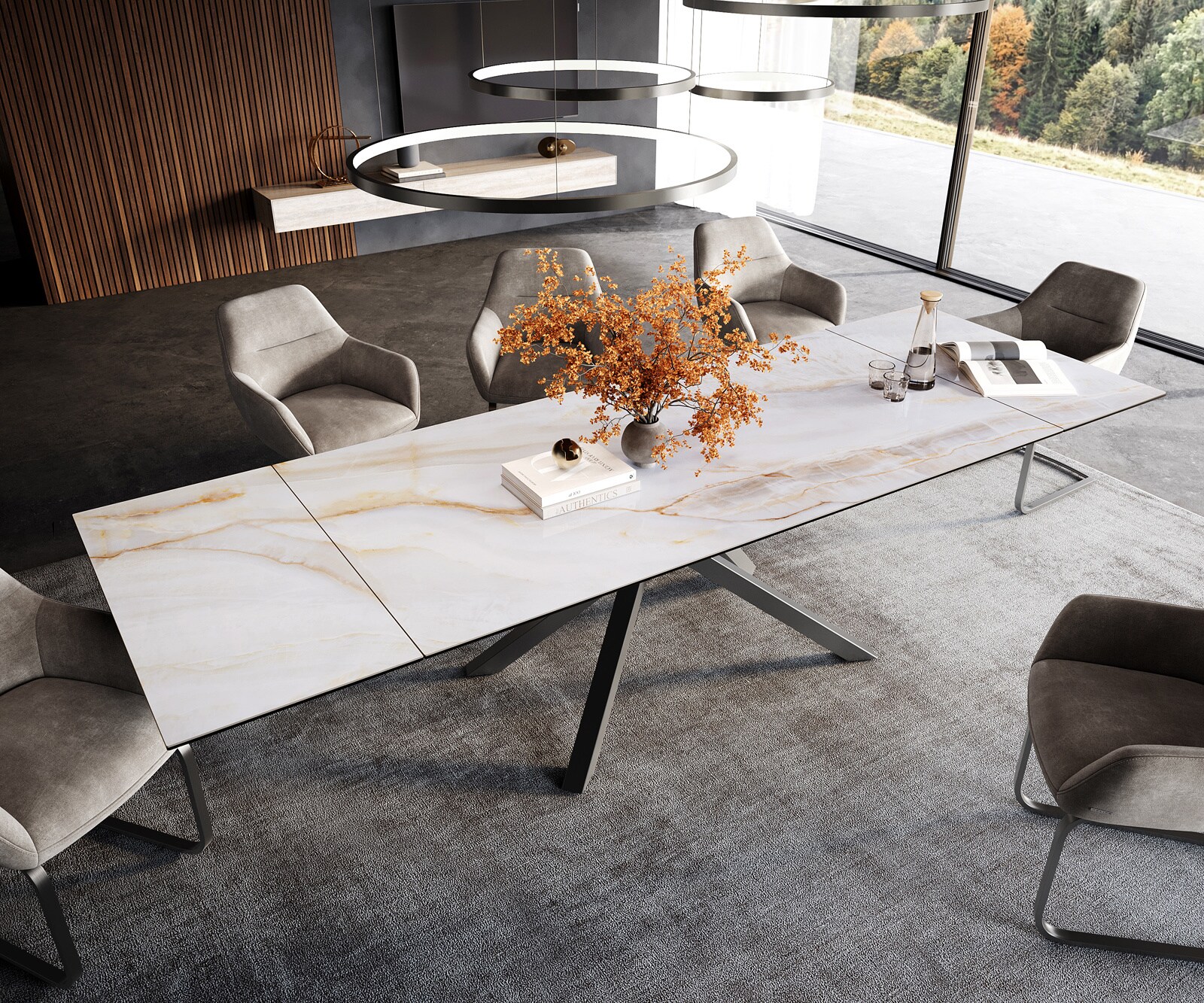 Eettafel Edge 200-300x100 cm keramiek Onyx Pearl kruisframe rechthoek roestvrij staal grafiet uittrekbaar 4