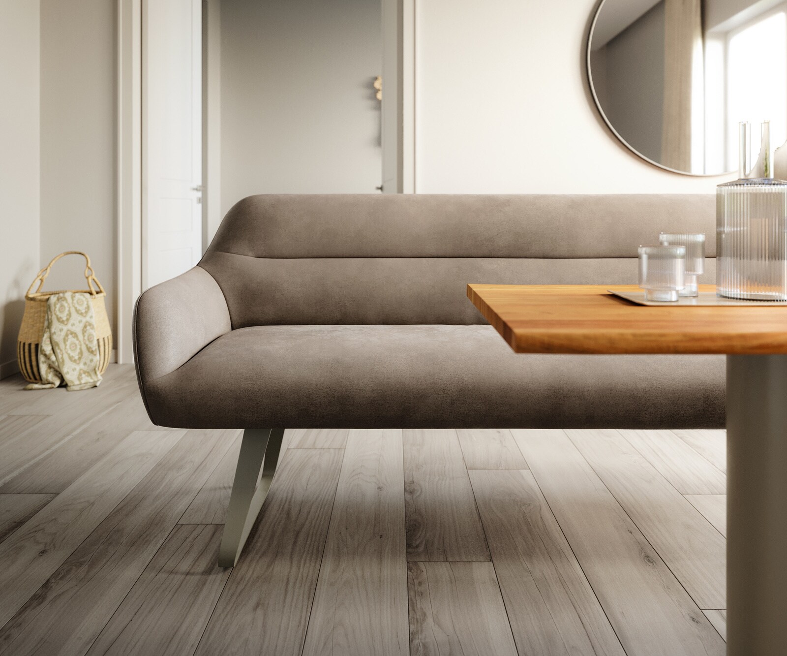 Eetkamerbank Taya-Flex 200 cm microvelours taupe vintage platte sledebasis afwerking met titaniumeffect pocketvering 1