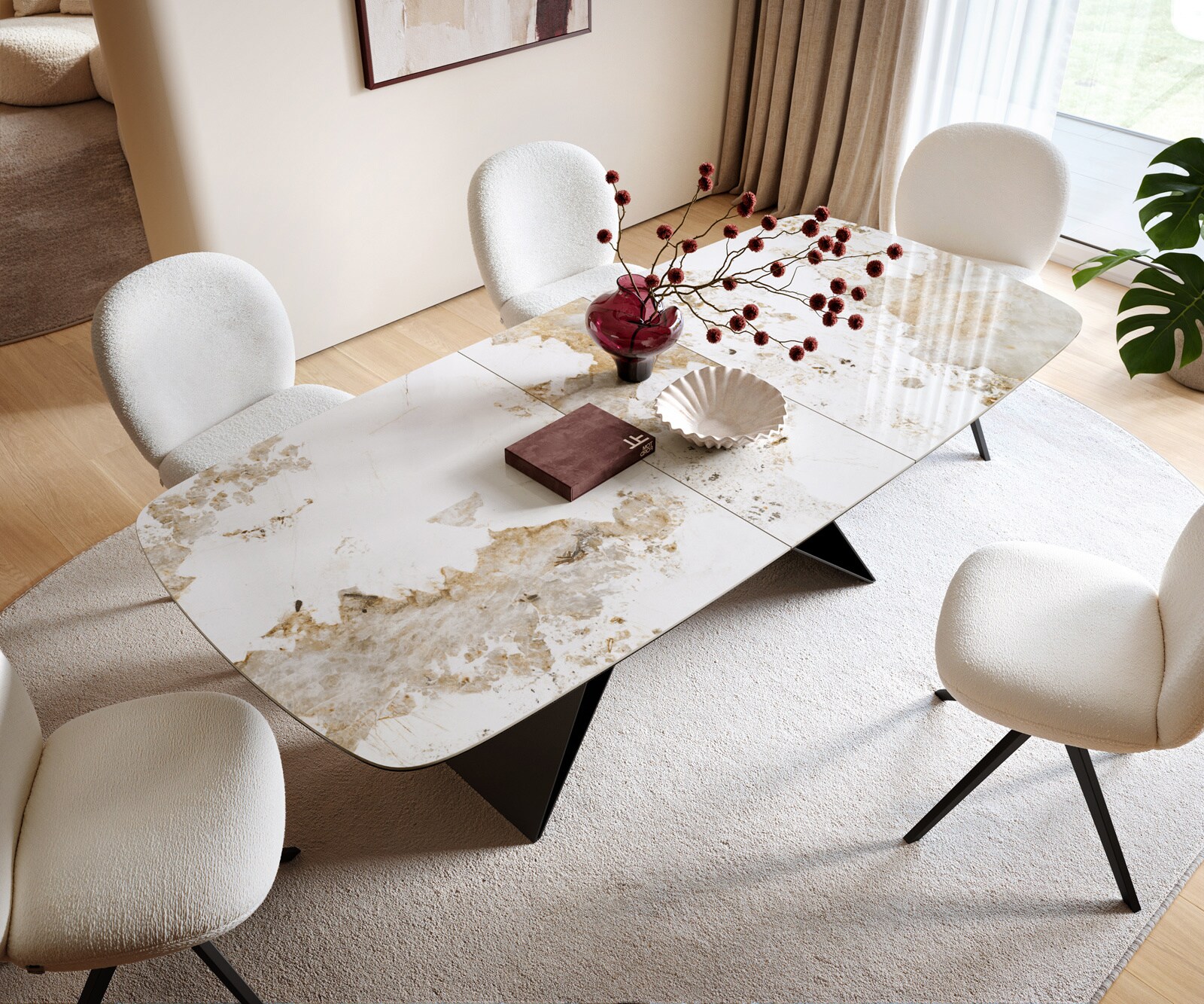 Eettafel Edge Boot 180-220x100 cm Keramiek Minas Melange Wit-Beige V-onderstel Flachstahl Zwart uitschuifbaar 4