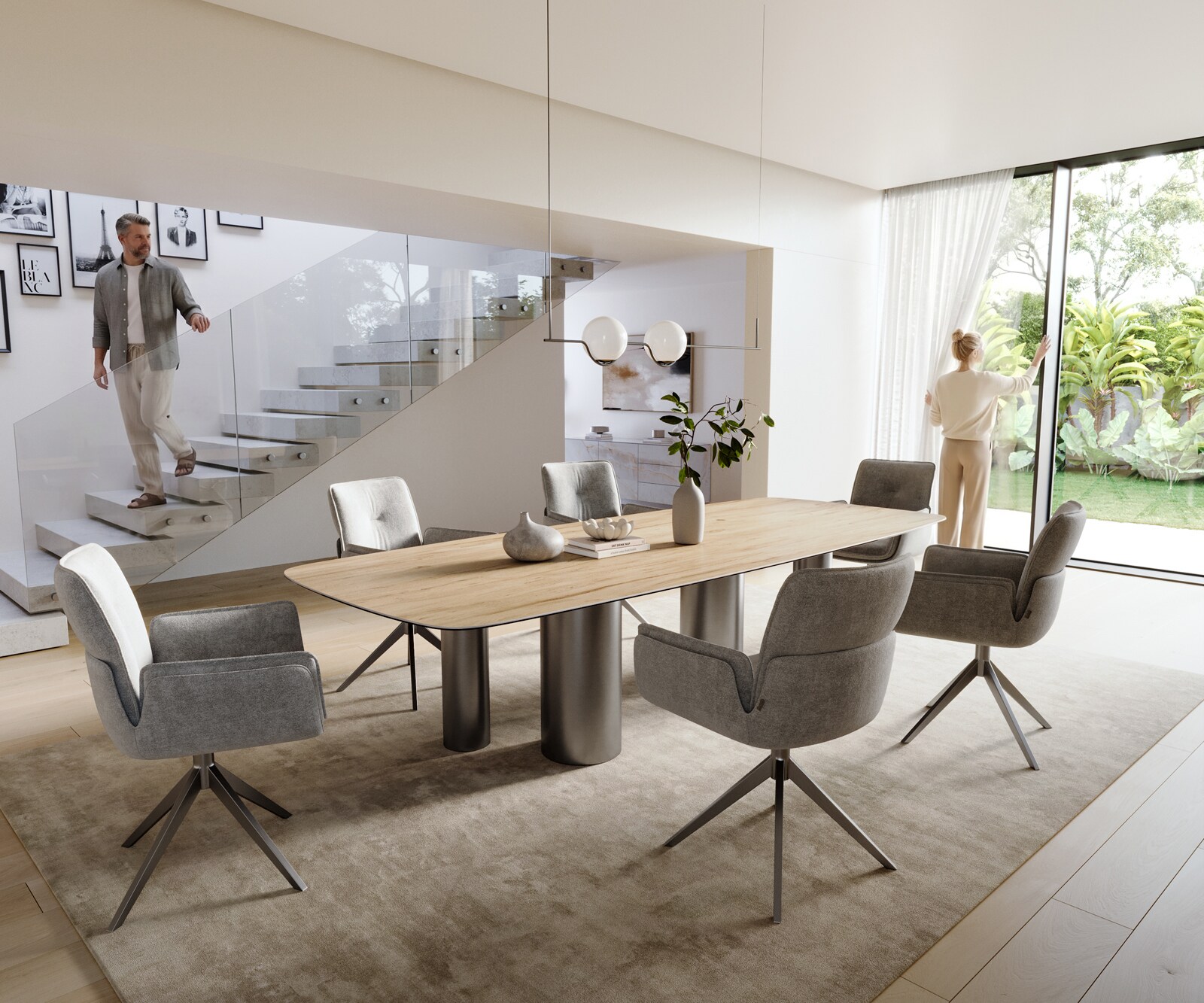 Eettafel Edge Boot 300x120 cm Keramiek Laminam® Sabbia Eichefarbig Pilier Roestvrij staal Grafiet 6