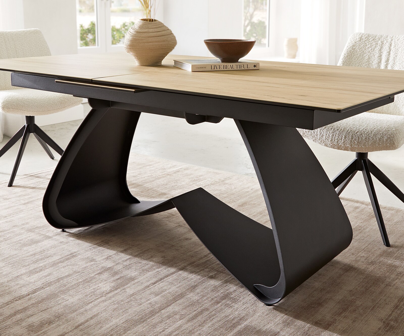 Eetkamertafel Edge 180-220x100 keramiek Laminam® Sabbia eiken kleur W-frame zwart uitschuifbaar 7