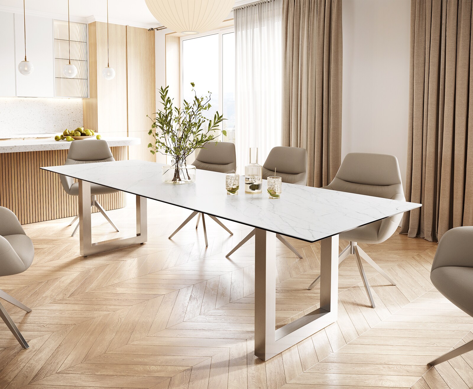 DELIFE Eettafel Edge 300x100 keramiek Laminam® Statuarietto wit roestvrij staal breed