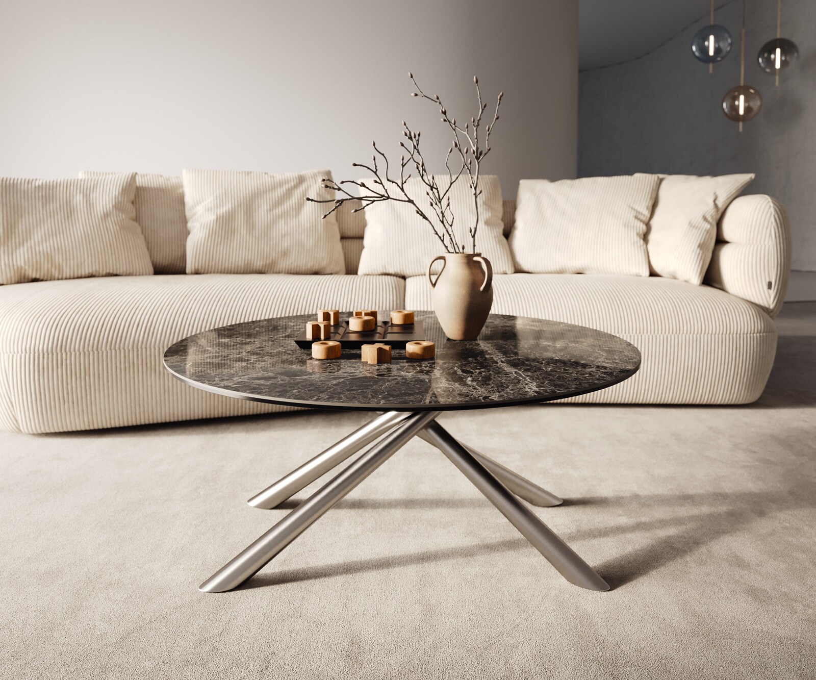 Salontafel Edge rond 90x90 cm keramiek Laminam® Emperador Extra Lucidato donkerbruin Sarity geborsteld roestvrij staal 6