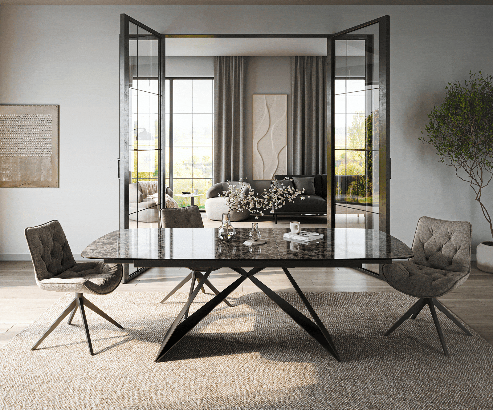 Eettafel Edge Boot 180-220x100 cm Keramiek Emperador Extra Lucidato Donkerbruin V-onderstel Platstaal Zwart uitschuifbaar 2