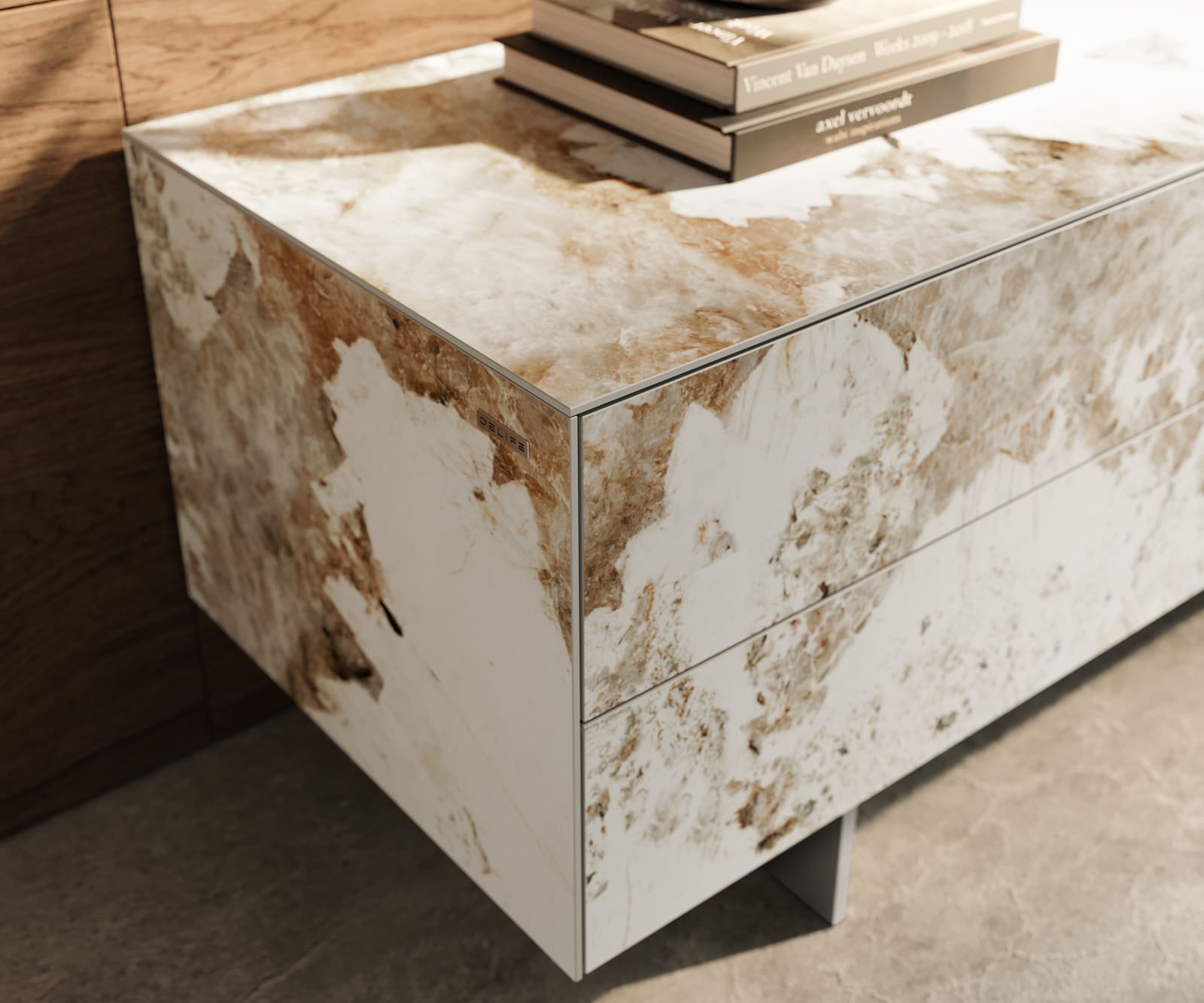 Tv-meubel Cuor 180 cm Keramiek Minas Melange Wit-beige 1 Flap 2 Laden Zwevende voet look Roestvrij staal 6