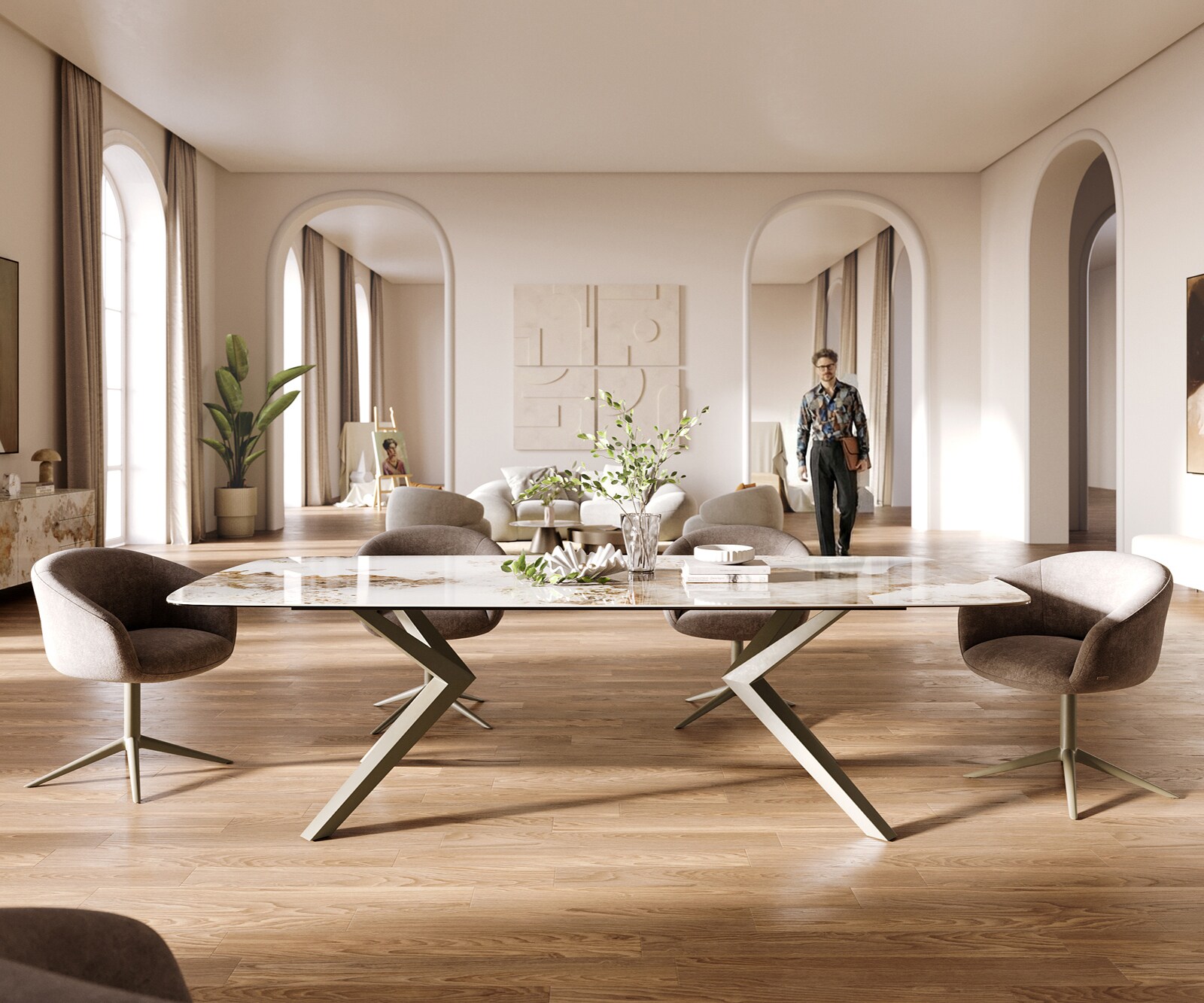 Eettafel Edge Boot 260x120 cm Keramiek Minas Melange Wit-Beige Zenthara kantik Metaal Effectafwerking Titan 2