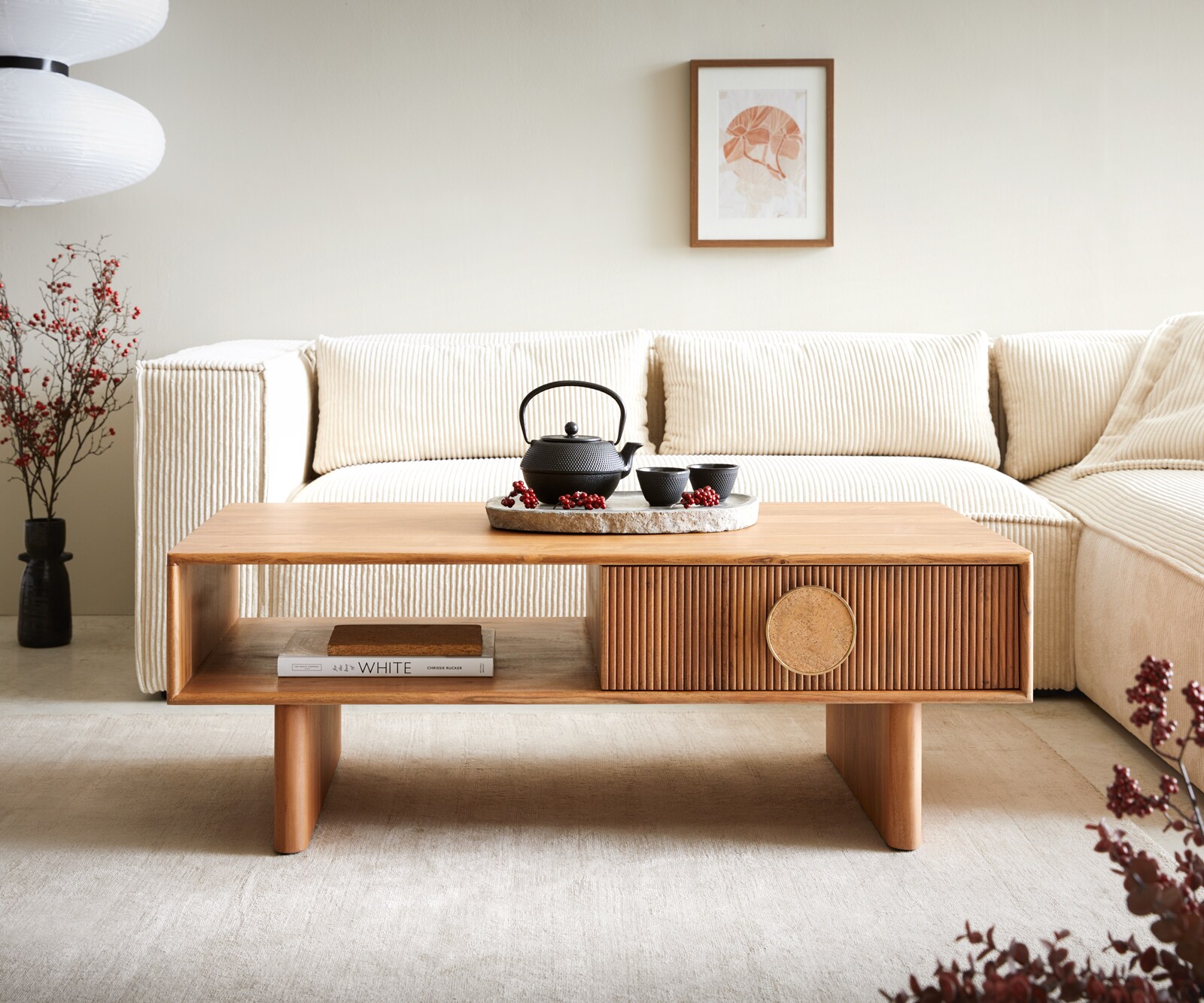 Salontafel Surimu 115x60 cm acacia lichtbruin 2 laden kurkgreep houten poten 1