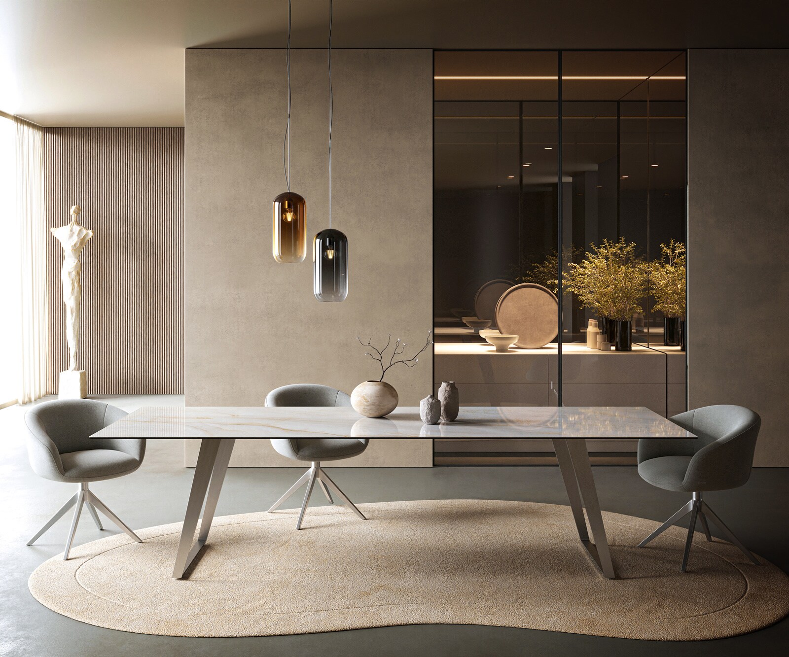 Eettafel Edge 300x100 cm keramiek Onyx Pearl roestvrij staal schuin 1