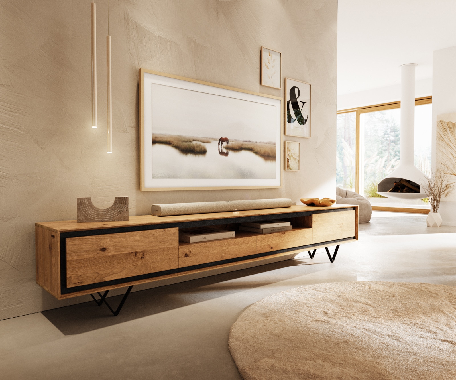 Tv-meubel Stonegrace 240 cm natuur eiken 2 deuren 1 vak 2 laden steenfineer V-onderstel metaal zwart Tv-meubel Stonegrace 240 cm natuur eiken 2 deuren 1 vak 2 laden steenfineer V-onderstel metaal zwart