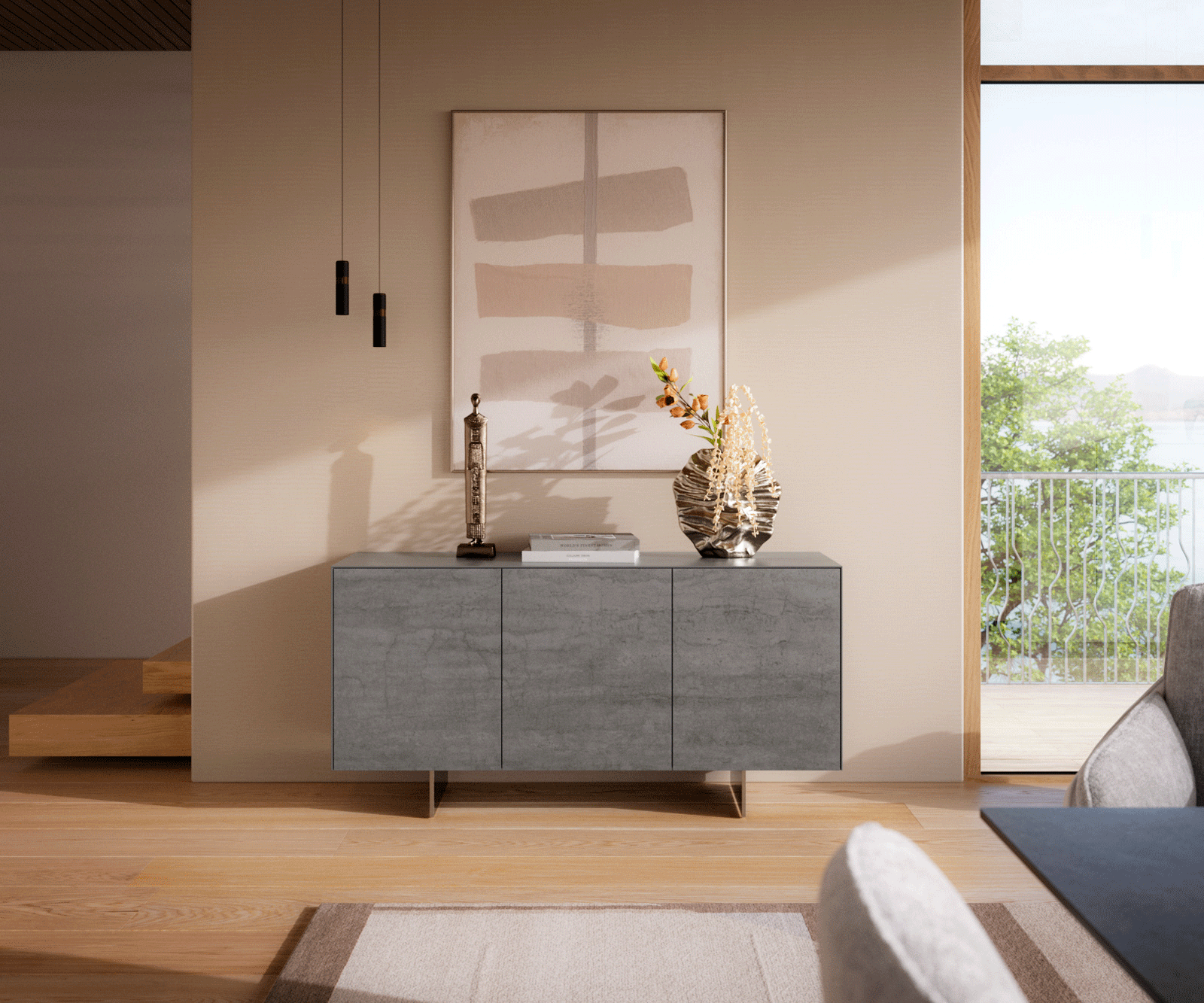 Dressoir Cuor 150 cm Keramiek Beton Grijs 3 Deuren Zwevende voet look Roestvrij staal 2