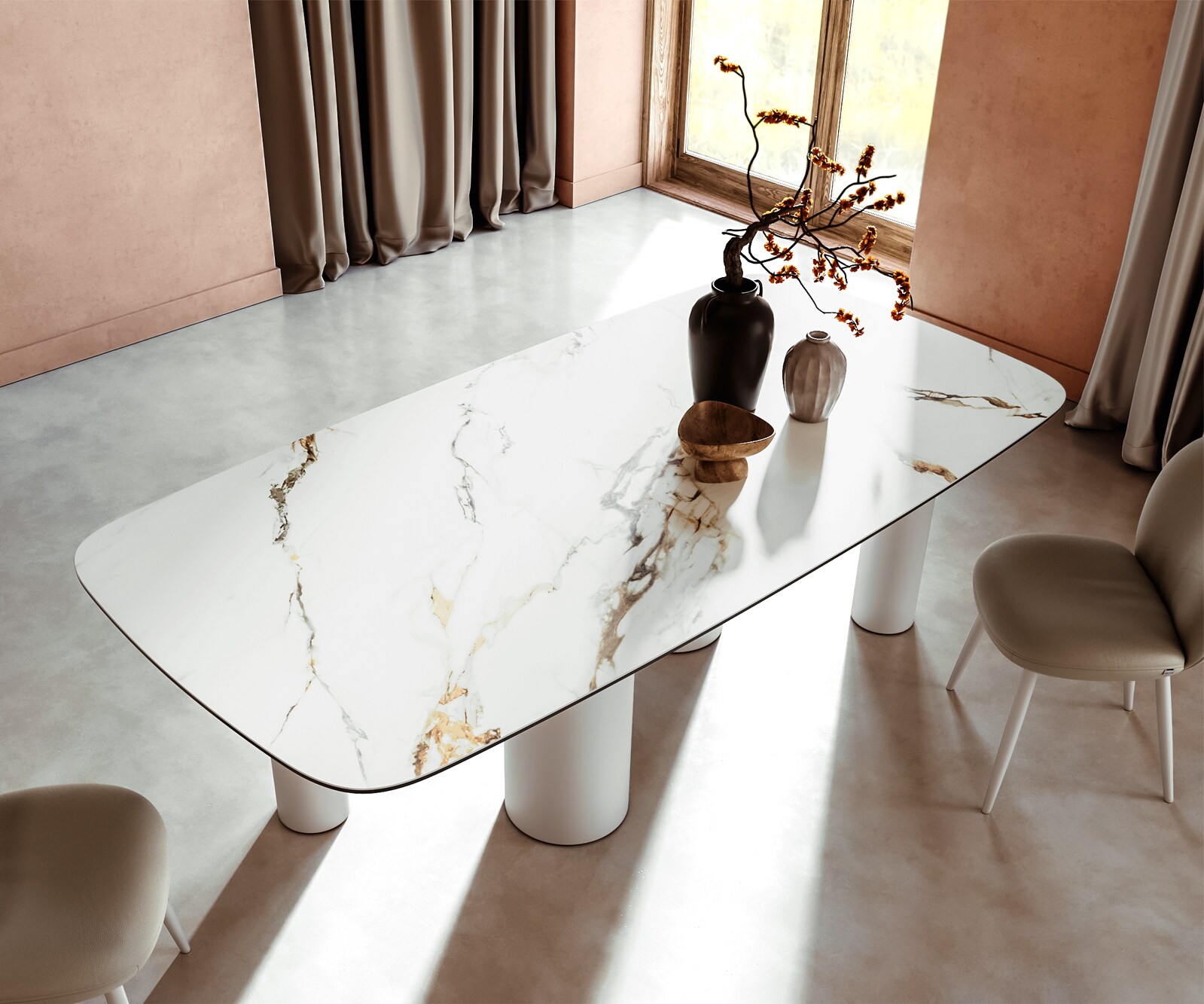 Eetkamertafel Edge Boot 240x120 keramiek Calacatta Luxe wit-Gold-grijs Pilier metaal wit 3