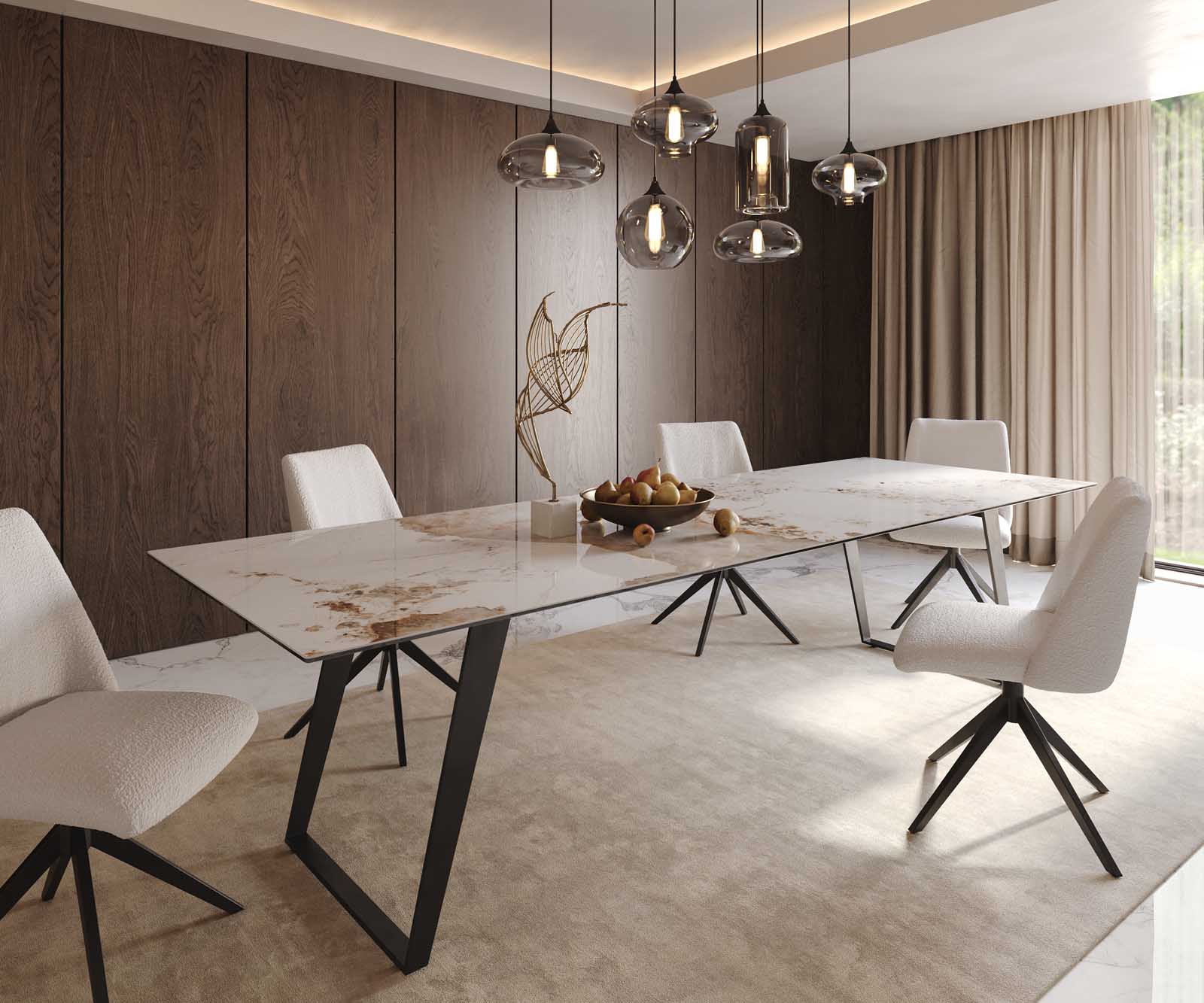 Eetkamertafel Edge 300x100 keramiek Minas Melange wit-beige metaal schuin zwart 1