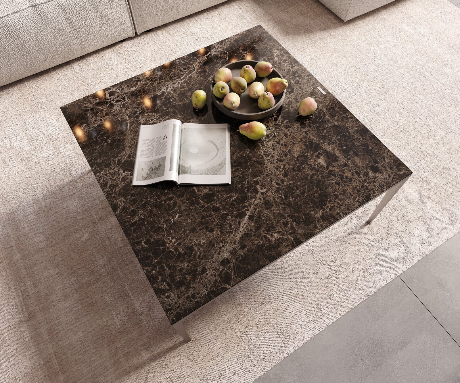 Salontafel Levente 85x85 cm Keramiek Laminam®Emperador Extra Lucidato Donkerbruin frame roestvrij staal zilver 3 Salontafel Levente 85x85 cm Keramiek Laminam®Emperador Extra Lucidato Donkerbruin frame roestvrij staal zilver 3