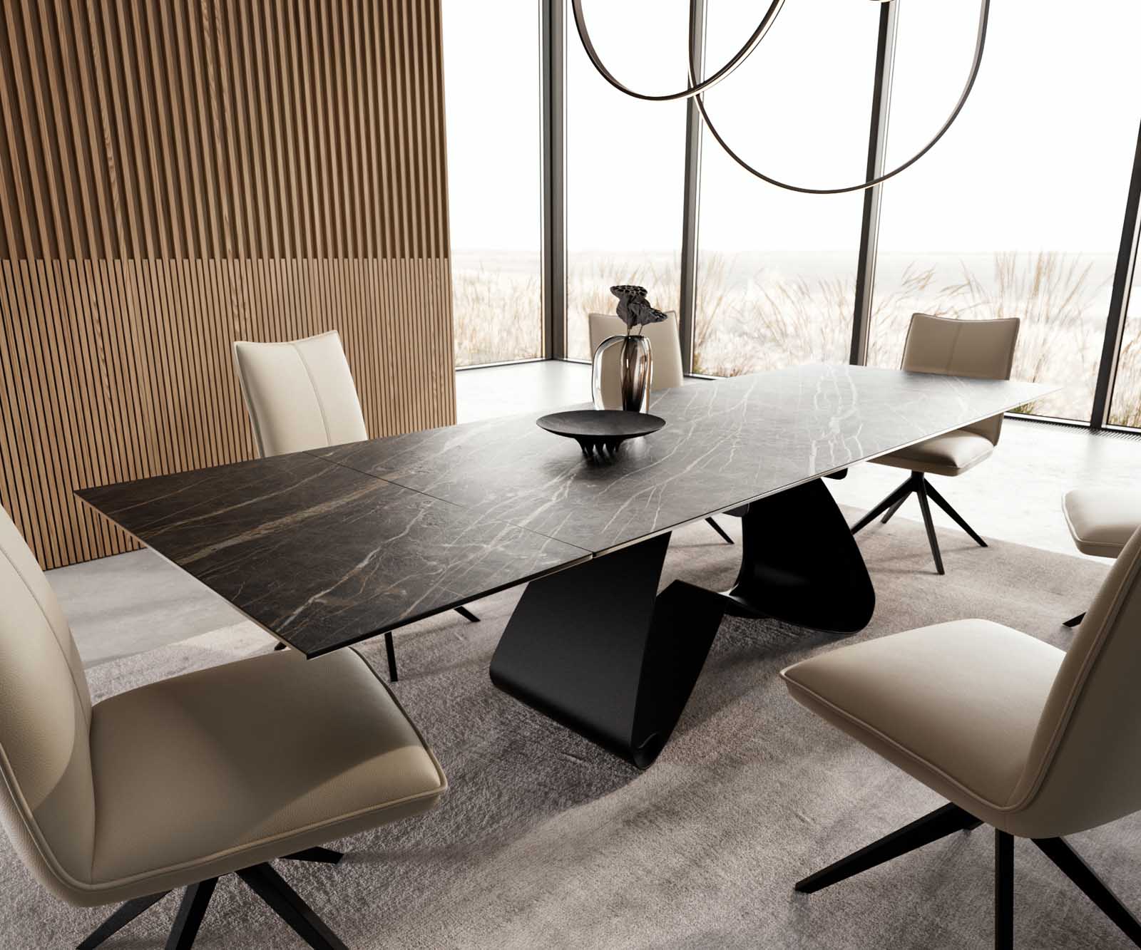 Eetkamertafel Edge 200-300x100 keramiek Laminam®Noir Desir bruin W-frame zwart uitschuifbaar