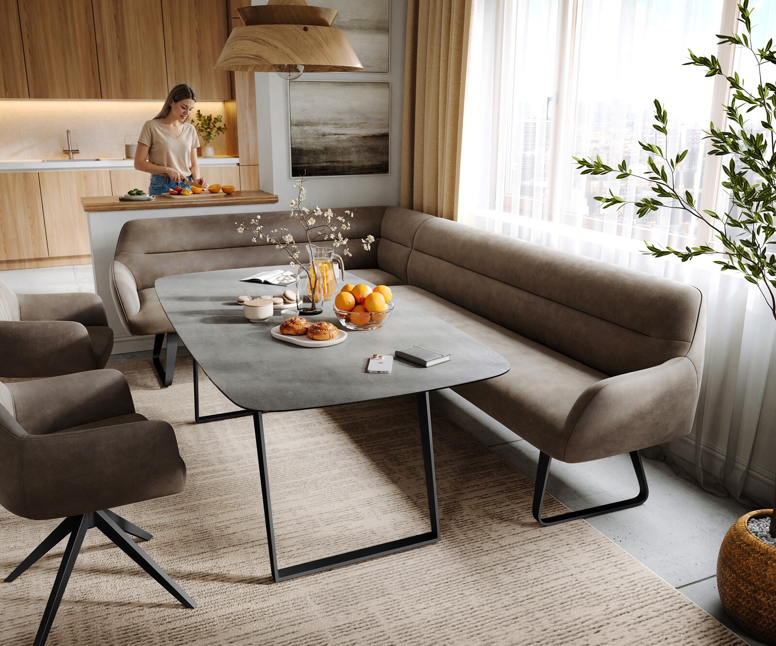 Eetkamerbank Taya-Flex 285x190 cm microvelours taupe vintage platte sledebasis zwart pocketvering rechts