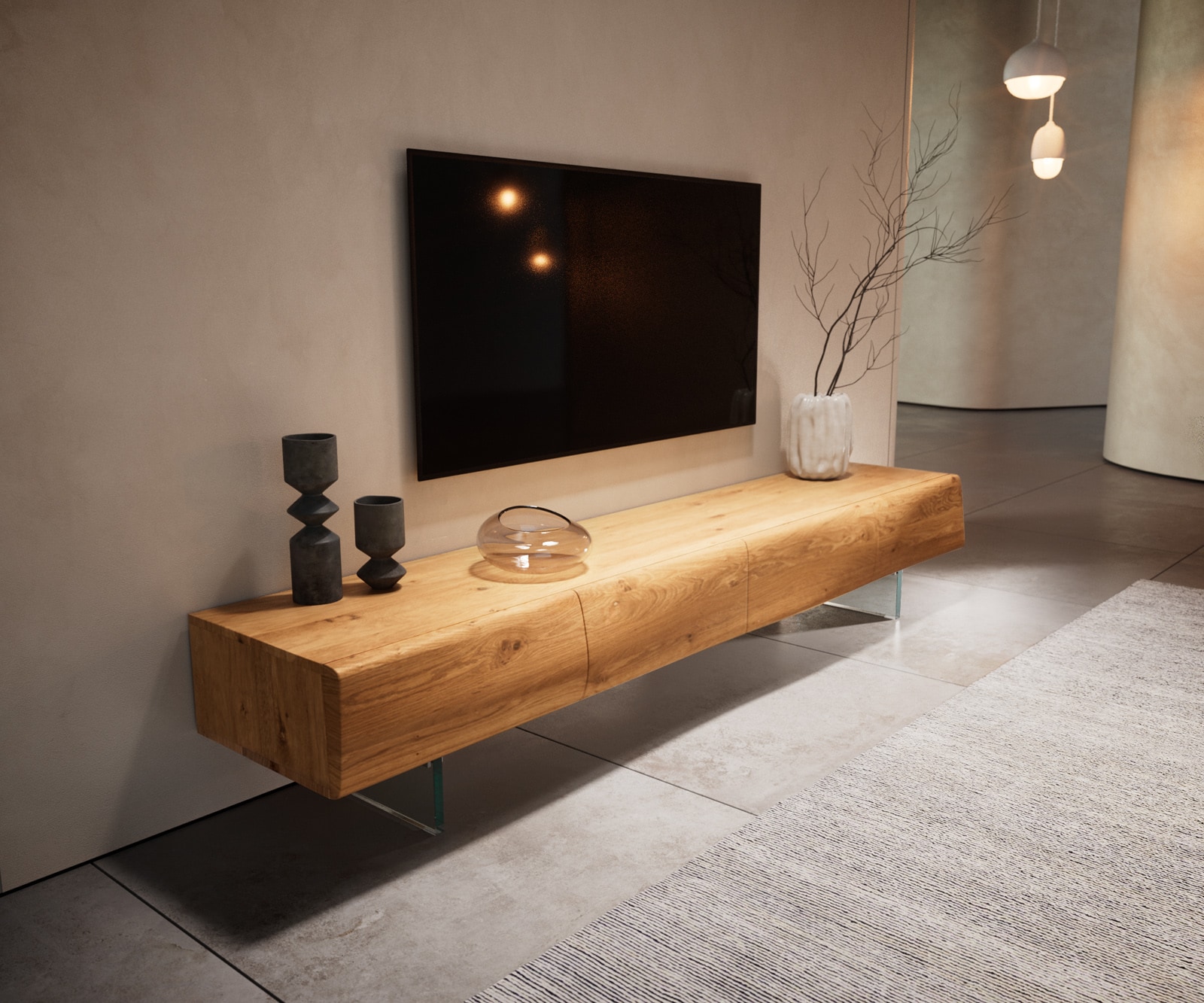 Tv-meubel New Live-Edge 200 cm eiken natuur 4 deuren glasplaat 4