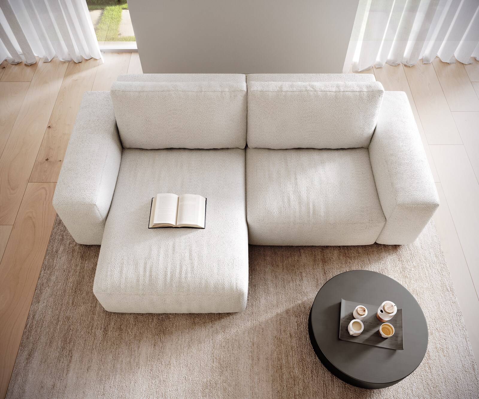 Hoeksofa Lanzo 230x155 cm bouclé crème-wit met variabele recamière 3