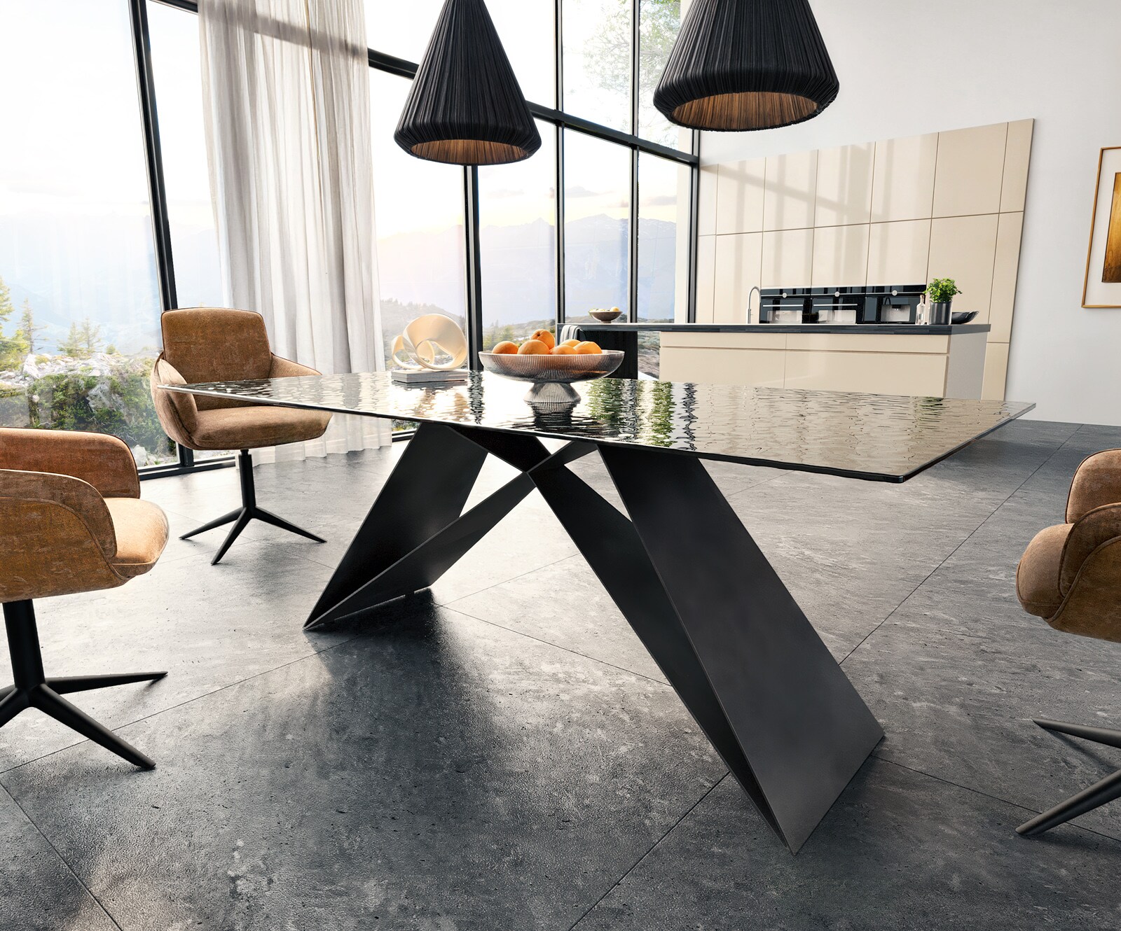 Eetkamertafel Edge 200x100 Glas smelten rokerig zwart 3D-Relief V-frame vlak staal zwart 3