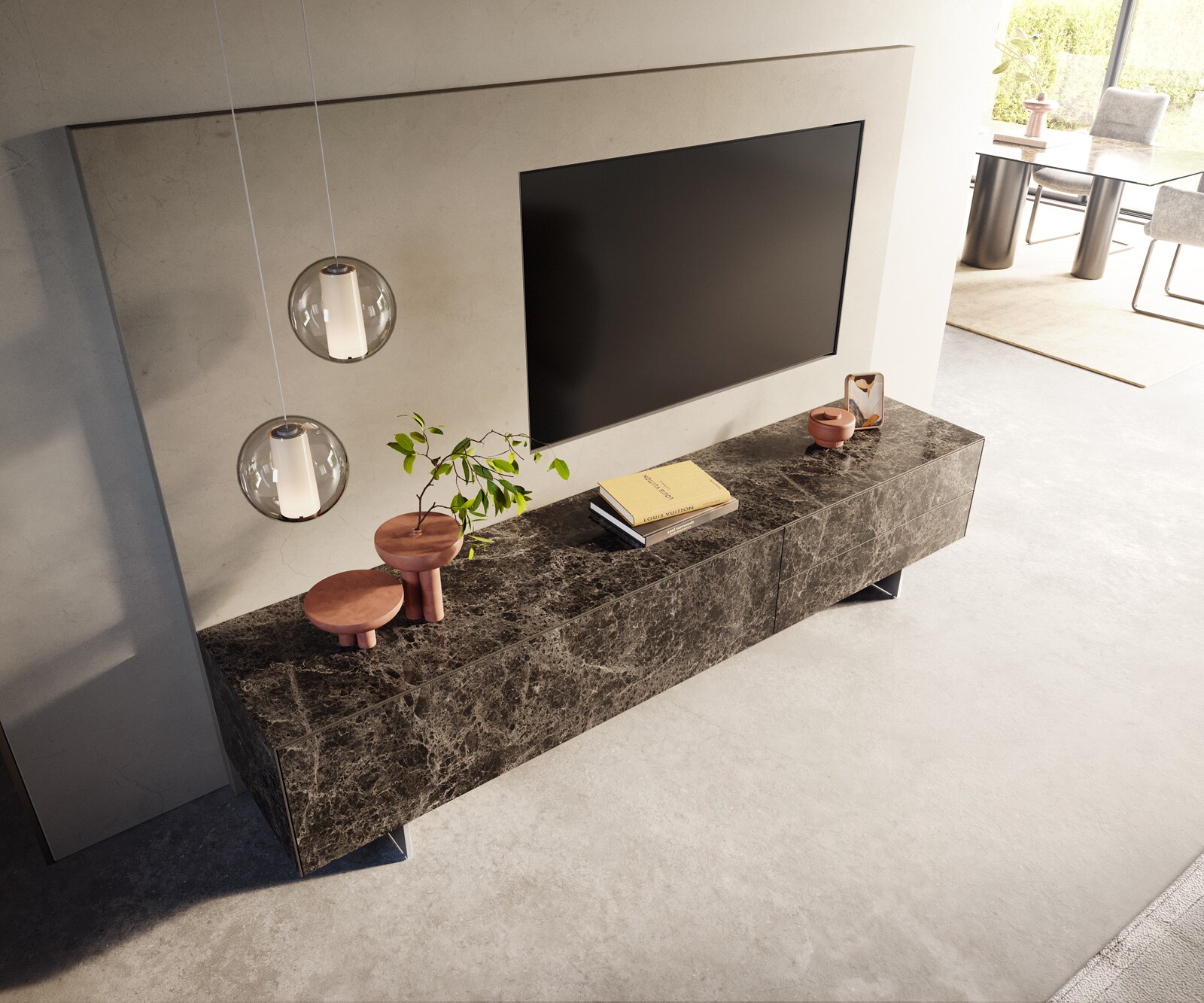 Tv-meubel Cuor 220 cm Keramiek Laminam® Emperador Extra Lucidato Donkerbruin 1 Flap 2 Laden Zwevende voet look Roestvrij staal 4