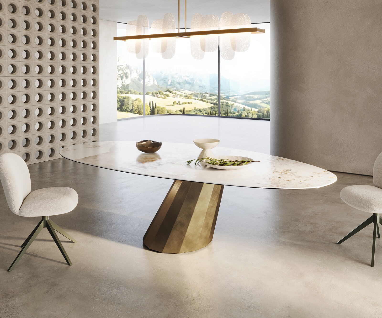 Eettafel Edge Oval 280x130 keramiek  Minas Melange wit-beige  Parabel metaal goud 4