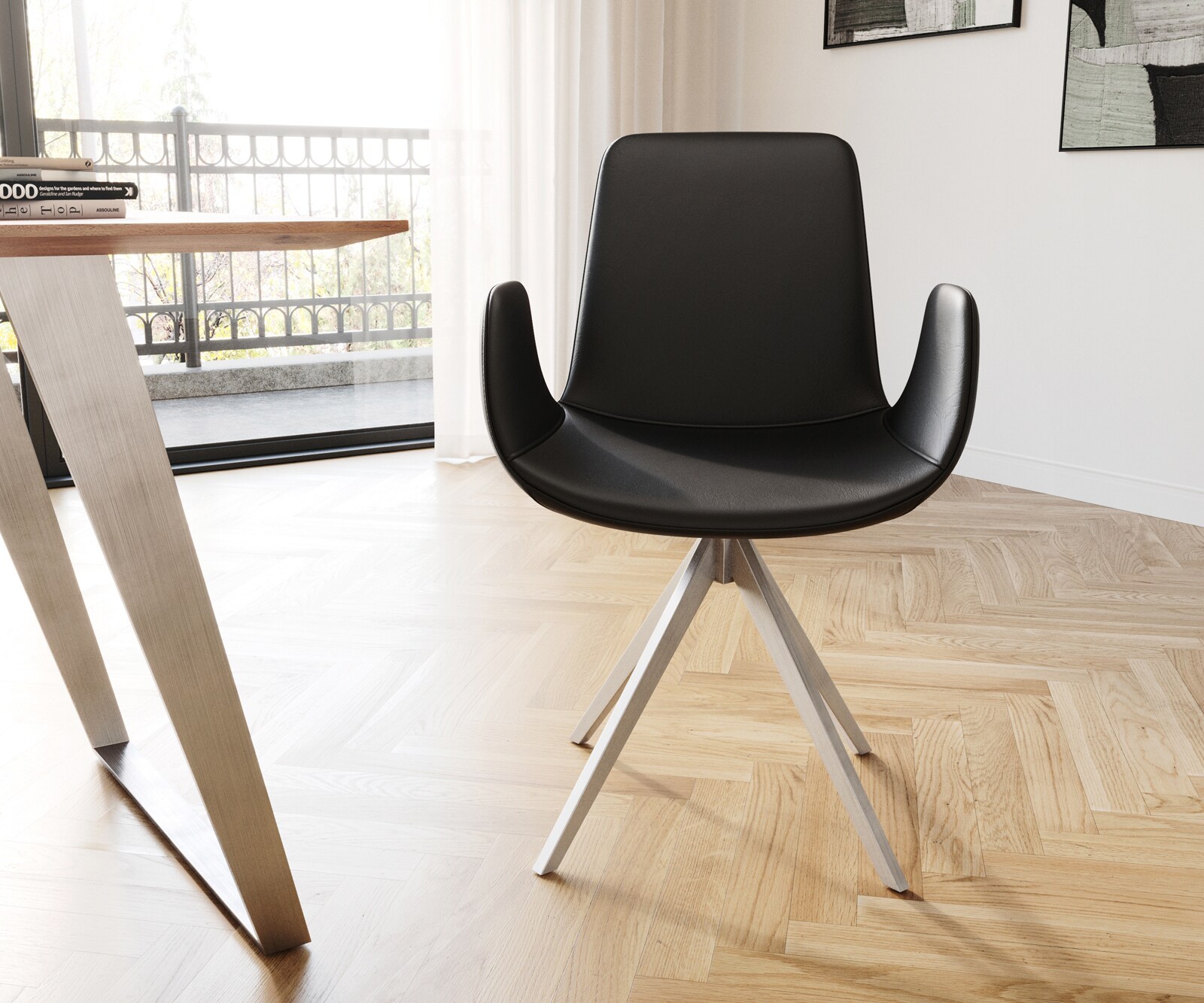 Eetkamerstoel Ilia-Flex met armleuning echt leer zwart kruisframe hoekig roestvrij staal 1 Eetkamerstoel Ilia-Flex met armleuning echt leer zwart kruisframe hoekig roestvrij staal 1