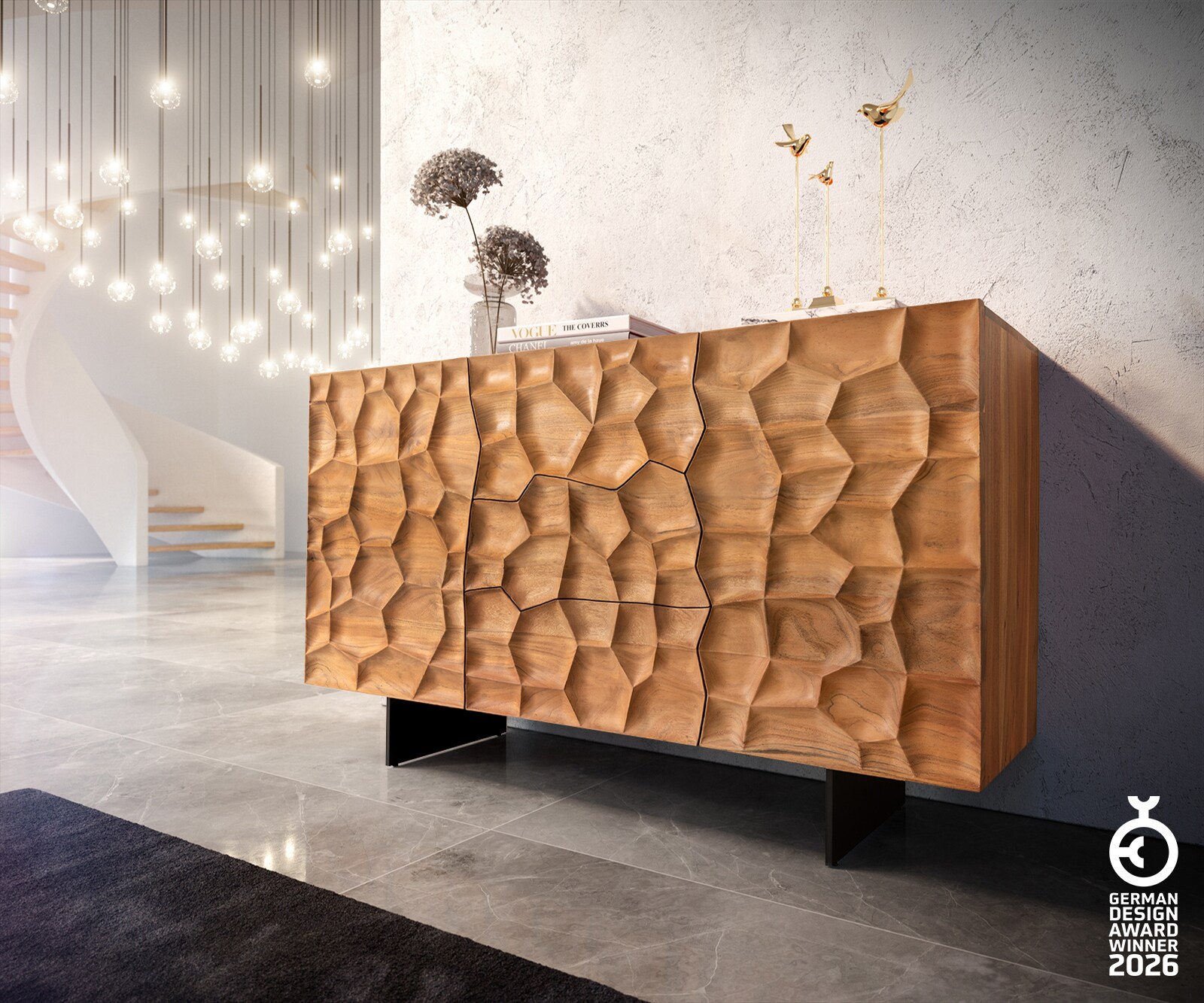 Dressoir Solu 145 cm acacia natuur 2 deuren 3 laden onderstel zwevend metaal zwart 3D-front